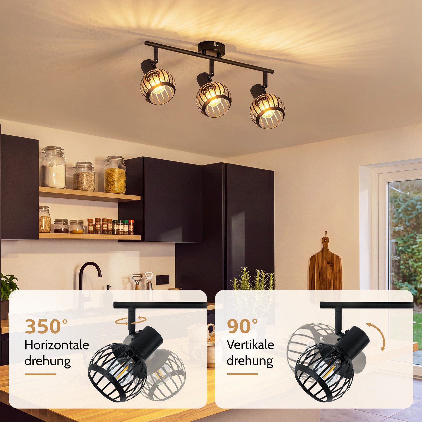 Nettlife Deckenstrahler 1/2/3flammig Schwarz Retro E14 Wandlampe Industrie Deckenspot, ohne Leuchtmittel, Käfiglampe aus Metall Wandspot für Schlafzimmer Flur