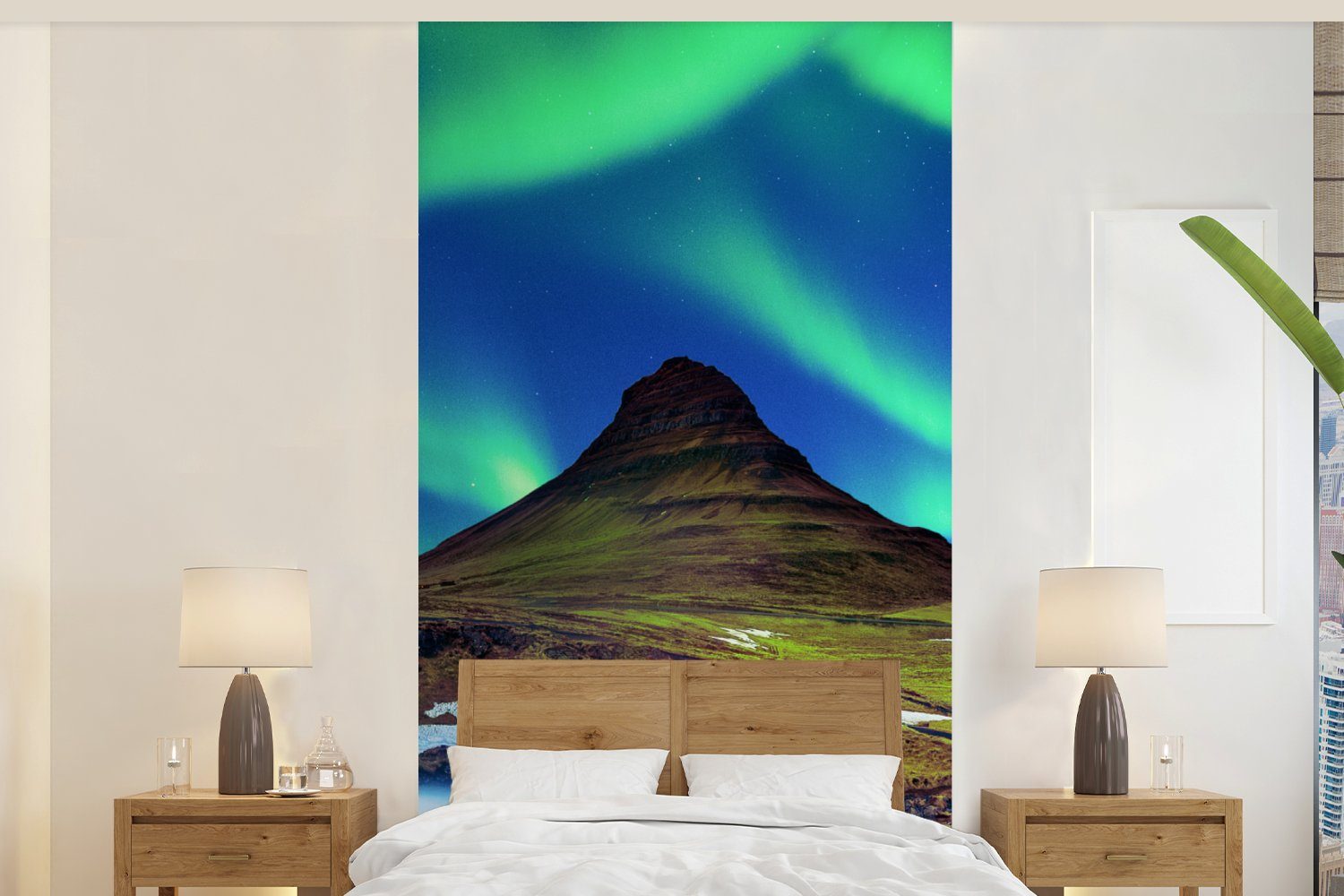 Grün für Wohnzimmer Berg Schlafzimmer - Fototapete Sternenhimmel - - Küche, Matt, Wasserfall St), - - Fototapete Vliestapete bedruckt, Island See, Nordlicht - (2 MuchoWow