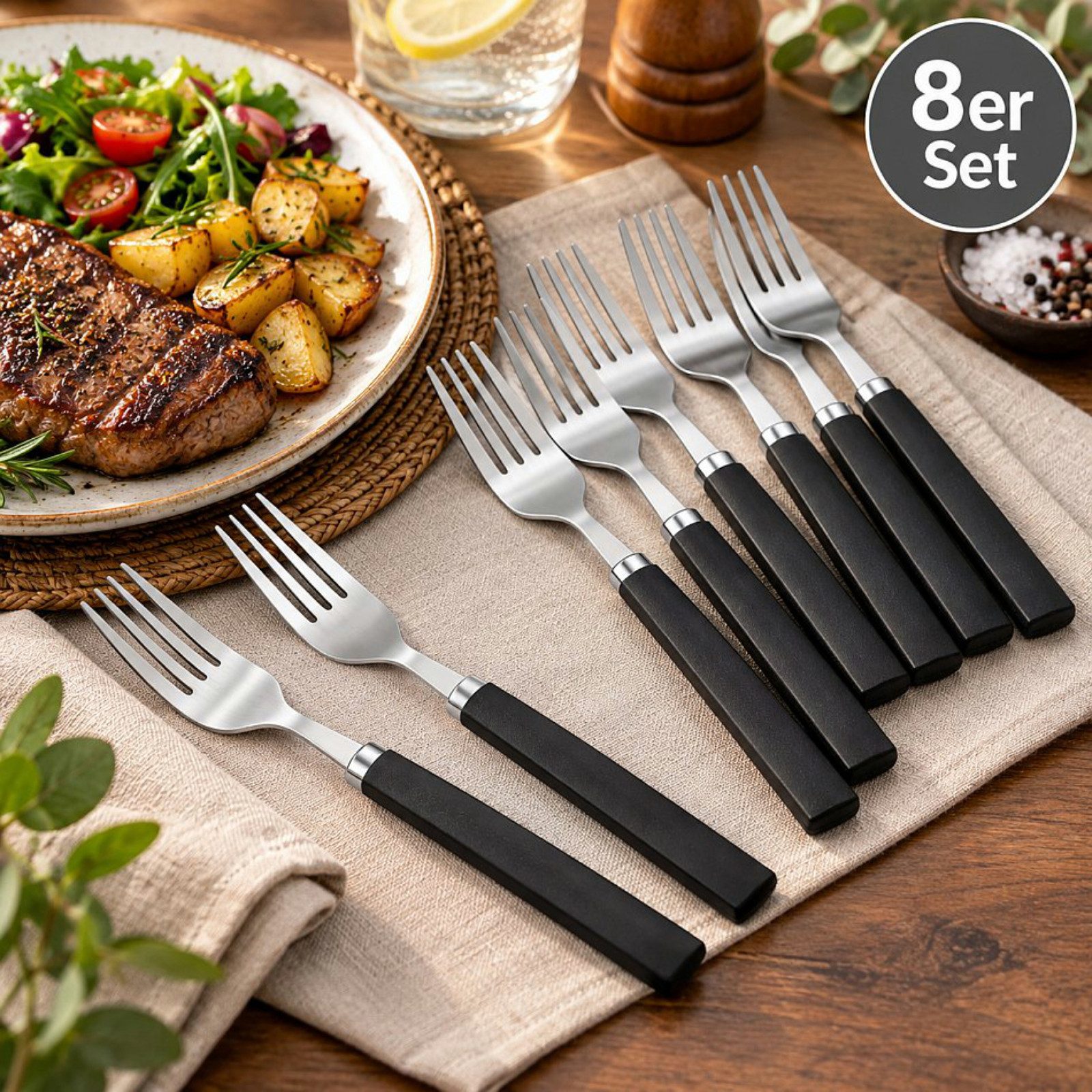 Koopman Tafelgabel Essgabel Gabel Besteck Edelstahl 20cm Silber 8er Set (8 Stück), 8 Stk, Spülmaschinengeeignet, Rostfrei, Kunststoffgriff