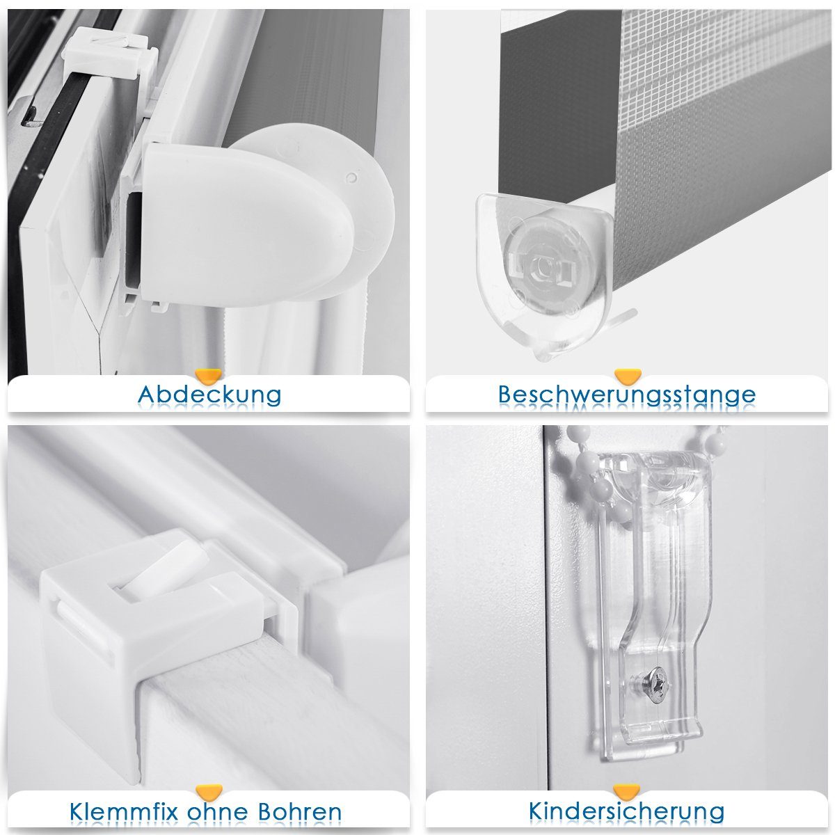 Doppelrollo rollos für Fenster ohne Bohren 130cm, OUBO, Lichtschutz, freihängend, mit Klemmträger, Klemmfix, livhtdurchlässig und verdunkelnd