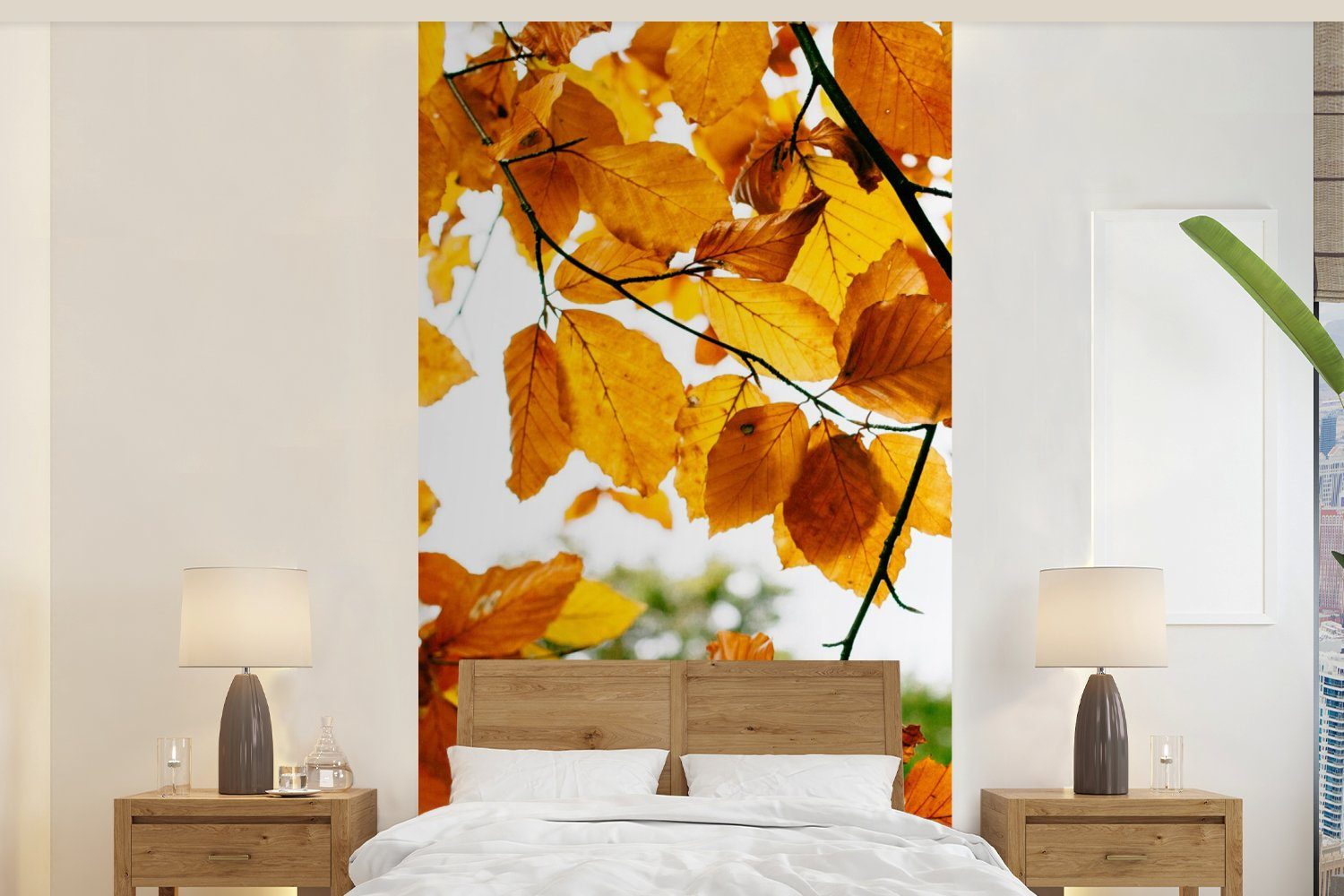 MuchoWow Fototapete Herbstblätter - Baum - Rustikal, Matt, bedruckt, (2 St), Vliestapete für Wohnzimmer Schlafzimmer Küche, Fototapete