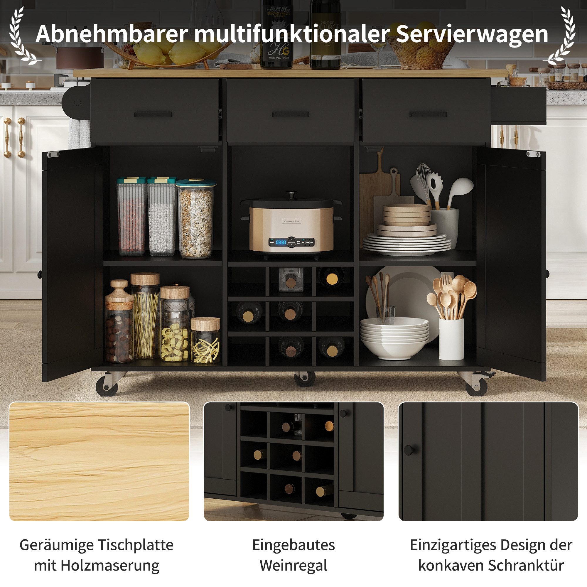 MODFU Küchenwagen Küchenschränke,Speisewagen, mit Arbeitsplatte, (Flexibler Speisewagen mit ausziehbarer Tischplatte, Stauraum und Gewürzregal – ideal für kleine Küchen, Apartments & Familien, 104*39.5*91.5CM), mit Arbeitsplatte