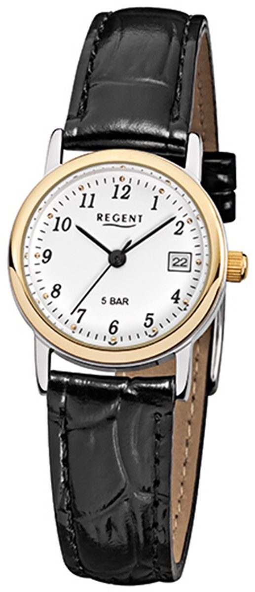 Regent Analog, Regent klein Quarzuhr Armbanduhr rund, (ca. 25mm), schwarz Lederarmband Damen Damen-Armbanduhr