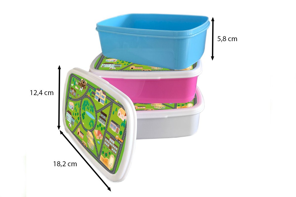 Lunchbox weiß Jungs - und - für Mädchen für - und Kunststoff, Brotbox - Brotdose, Grün, Kinder Gebäude Erwachsene, Auto Kinder MuchoWow Kreisverkehr (2-tlg),