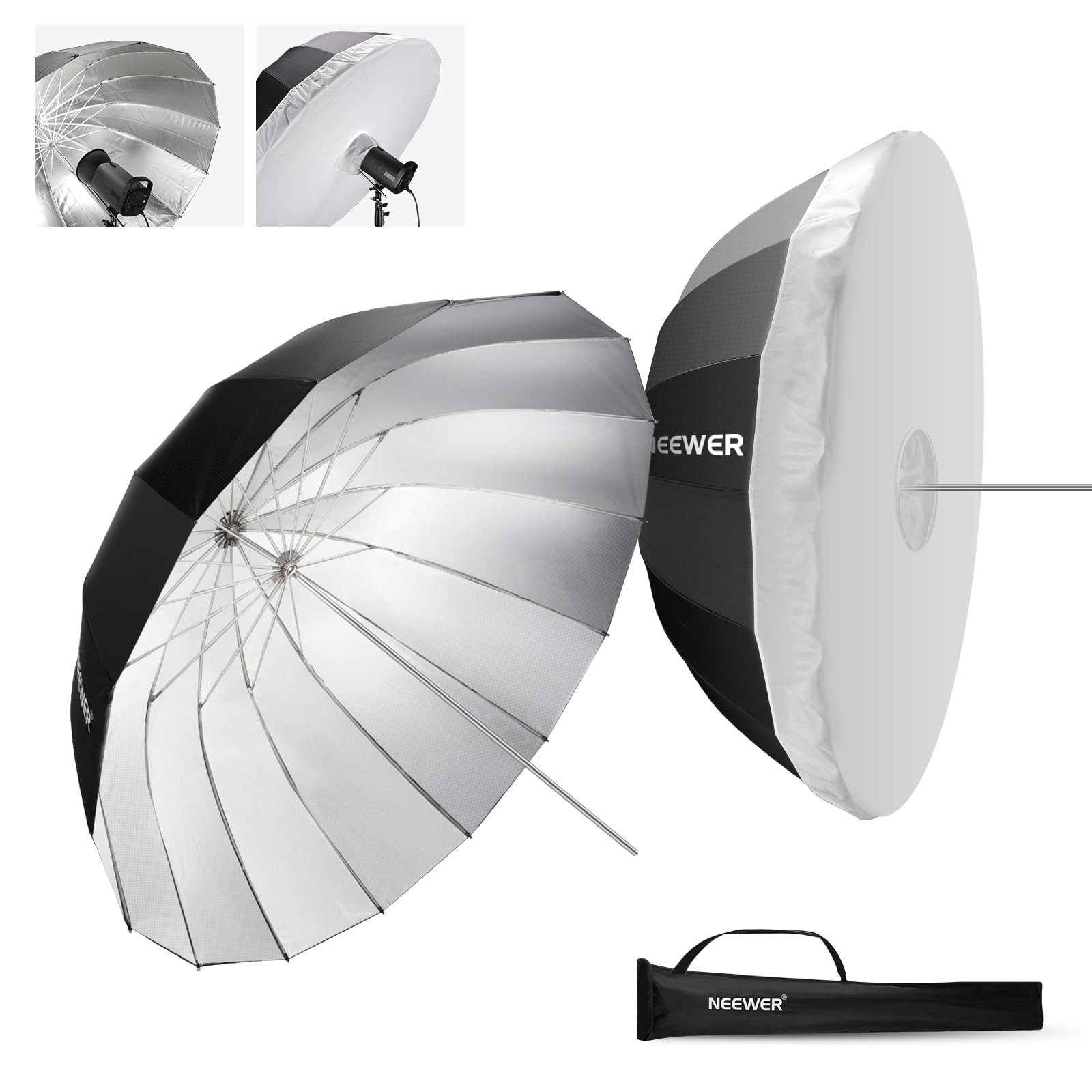 Neewer Reflexschirm NS2U 130cm Parabolischer Reflektierender Regenschirm Fotografie, mit Diffusor Abdeckung, Tasche, Silber Innenseite, Studioschirm