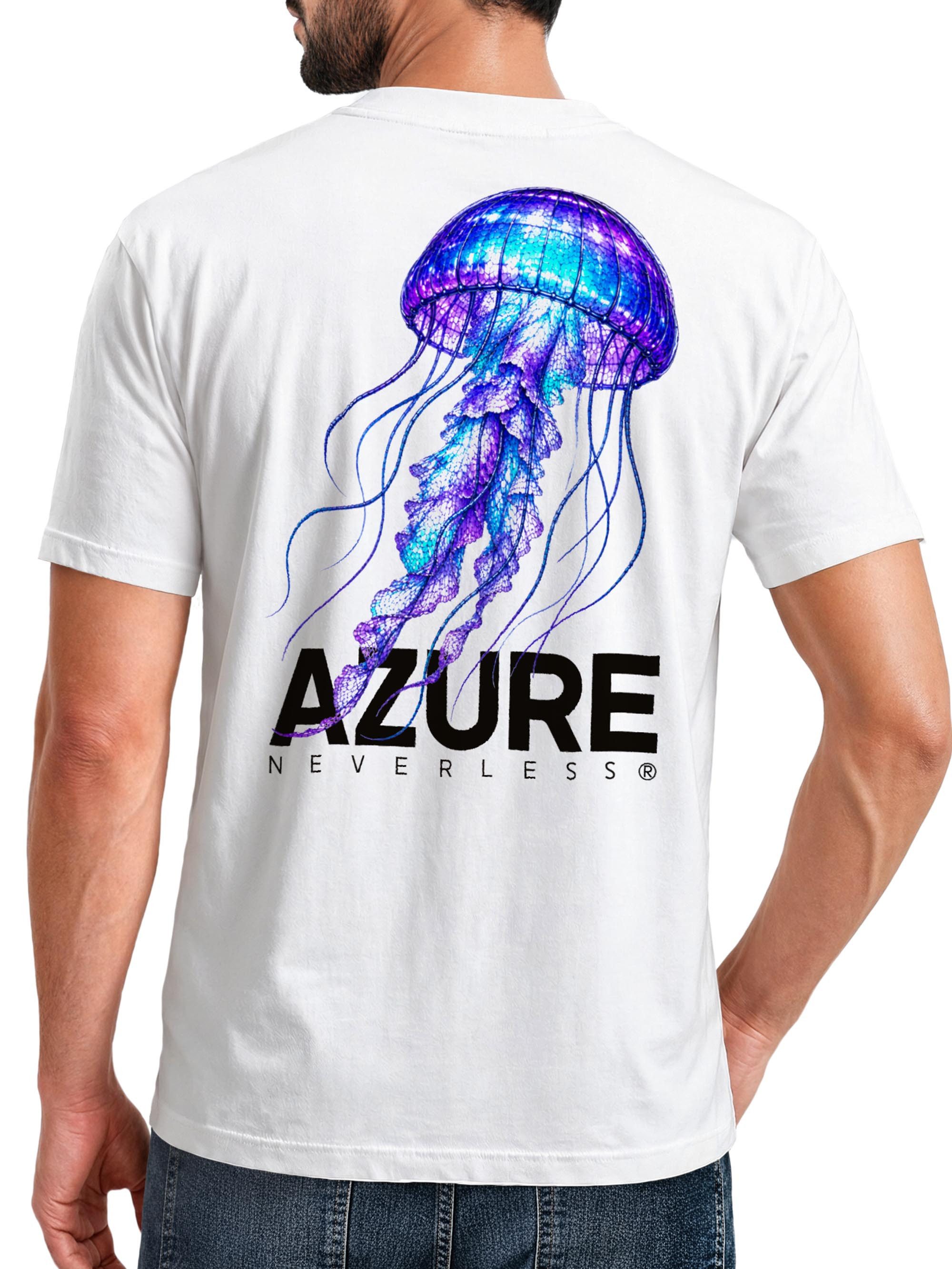 Neverless Print-Shirt Herren T-Shirt Backprint - Qualle Azure - Baumwollshirt Männer mit Print