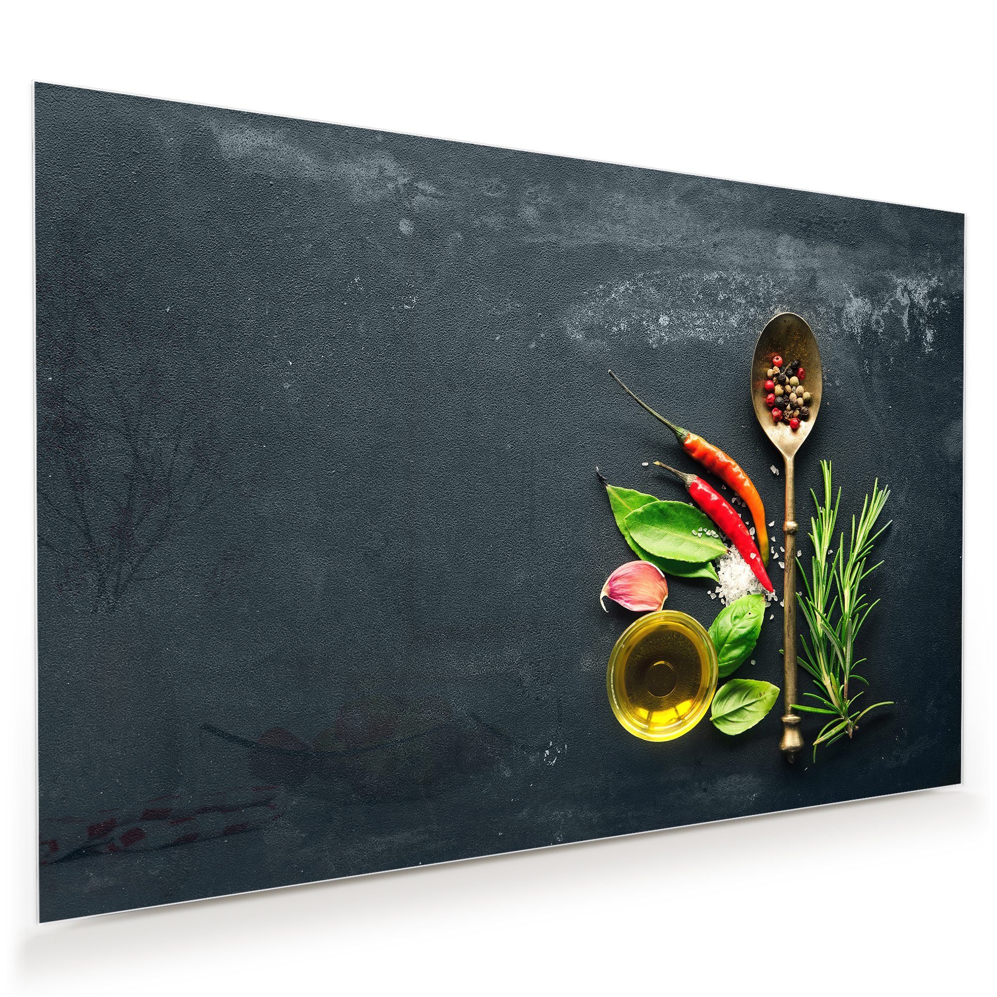 Primedeco Glasbild Wandbild Rosmarin und Chili mit Aufhängung