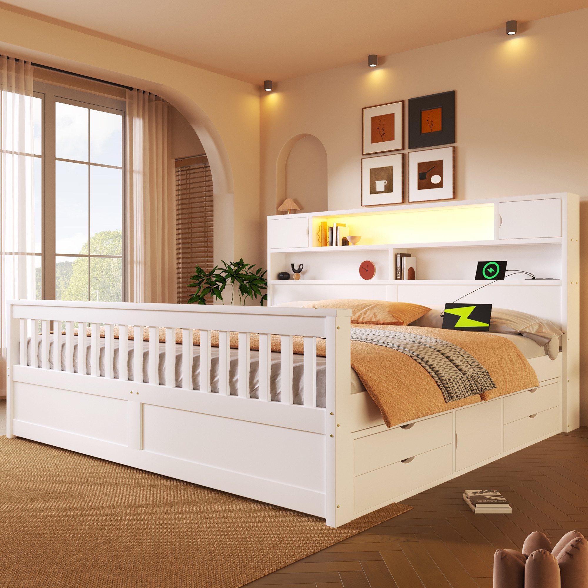 Merax Massivholzbett mit LED-Kopfteil & USB-Anschluss (Plattformbett Bettgestell Doppelbett aus Holz, 1-tlg), 180x200cm mit 4 Schubladen, Stauraumregalen, Büche – Bild 4 von 5