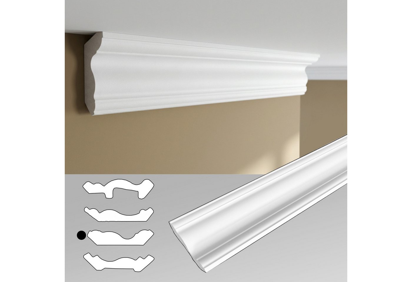 IKHEMalarka Deckenleiste 100 cm – Zierleisten - dekorative Stuckleisten für Wand & Decke, Montagekleber - Pattex DK Flex 1000, 4 Designprofile zur Auswahl, Einzelleiste, leicht, hart & formstabil - überstreichbar