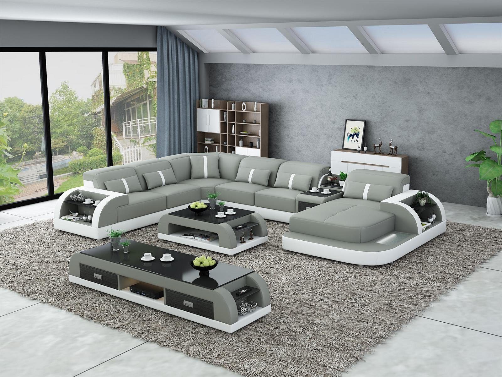 U-Form Design Sofa Couch Silber/Weiß Ecksofa Leder JVmoebel Tisch 2tlg. Wohnzimmer-Set, Wohnlandschaft