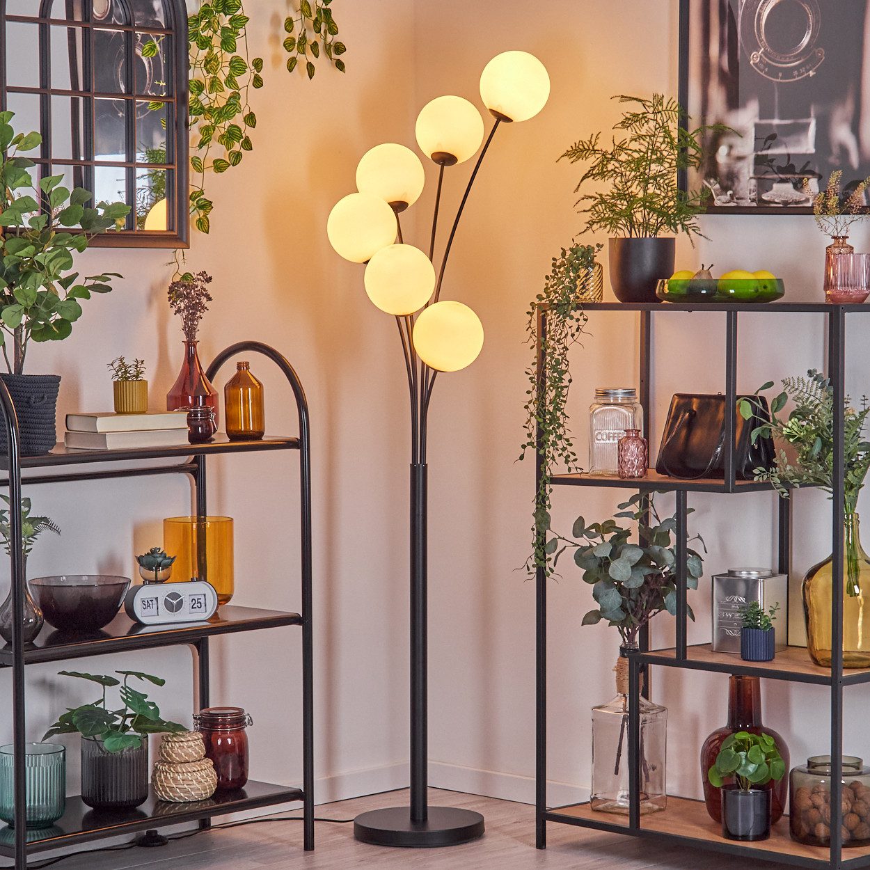 hofstein Stehlampe Stehlampe aus Metall/Glas in Schwarz/Weiß mit Fußschalter, ohne Leuchtmittel, Stehleuchte im Retro/Vintage-Design mit Glasschirmen (15 cm), E14