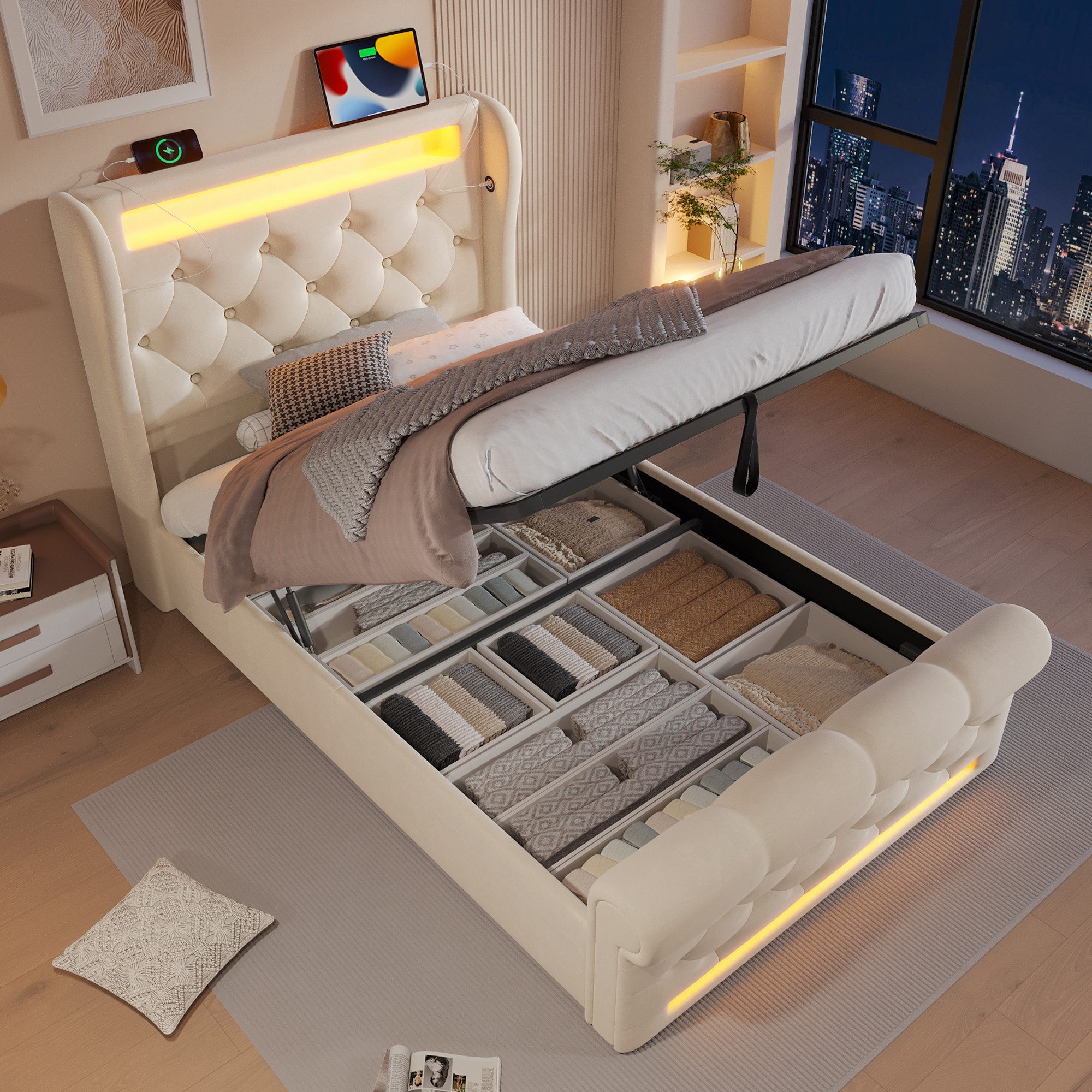 Flieks Polsterbett, Hydraulisches Stauraumbett 90x200cm mit LED Beleuchtung günstig online kaufen