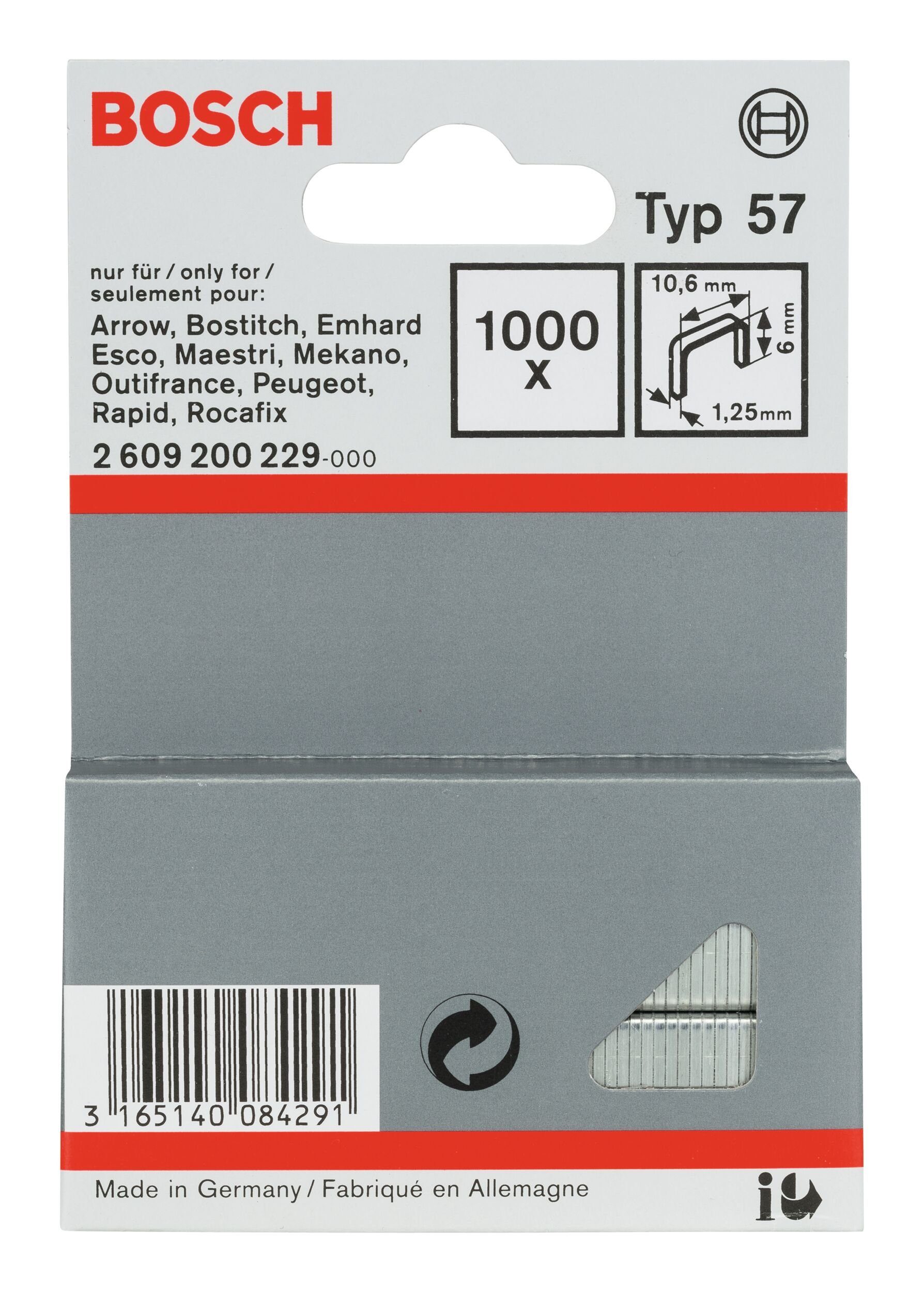 BOSCH Tackerklammer, Typ 57 Flachdrahtklammer - 1,25 x 6 x 10,6 mm - 1000er-Pack