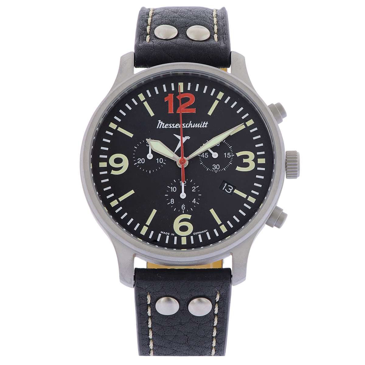 Messerschmitt Quarzuhr ME-3H205R12-L, für Herren-Fliegeruhr Chronograph Lederband Schwarz