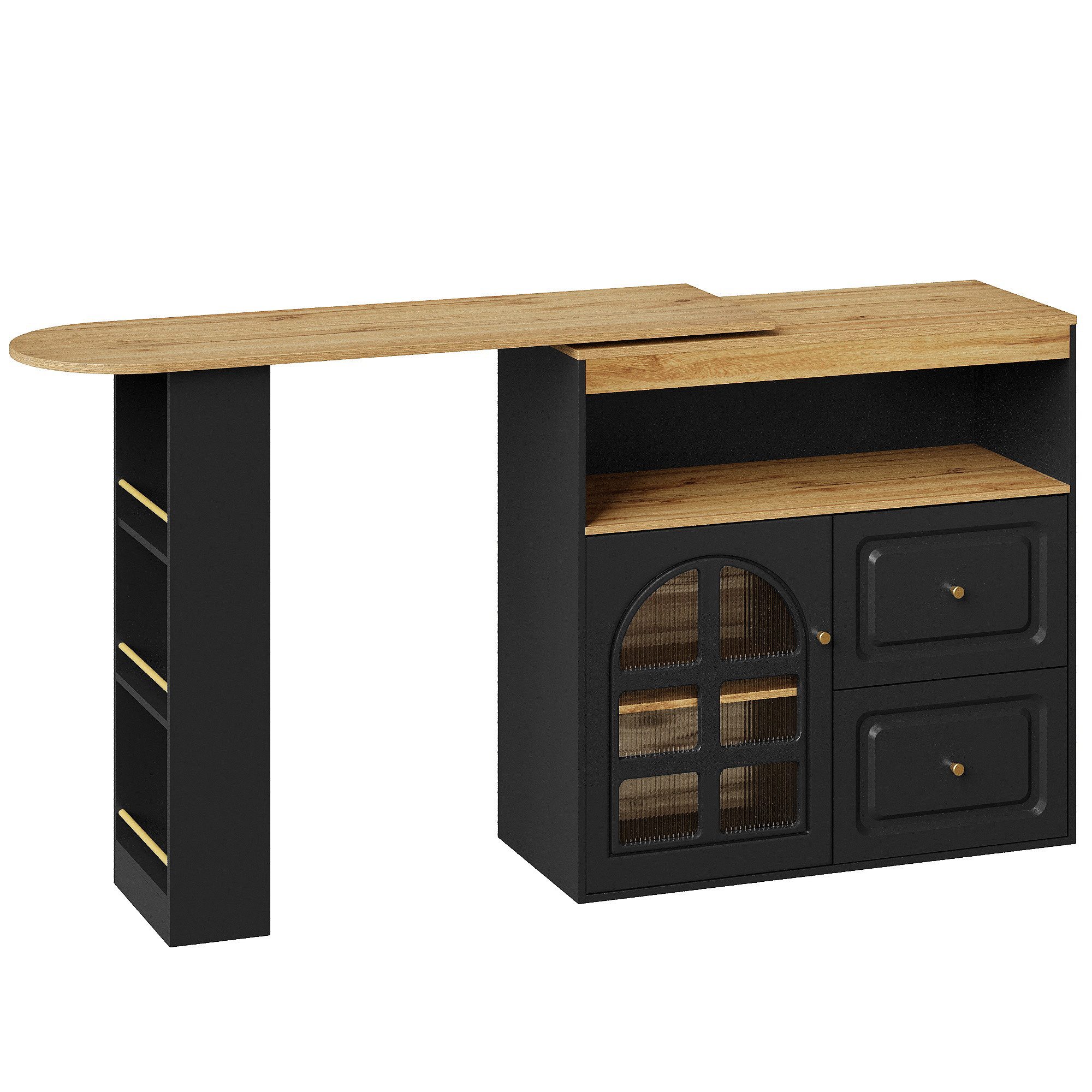 Gotagee Stehtisch 360°drehbare Essbar schlicht und geeignet 2 Schubladen Snackregal, Sideboardschrank mit Regalen und Bogenglas.