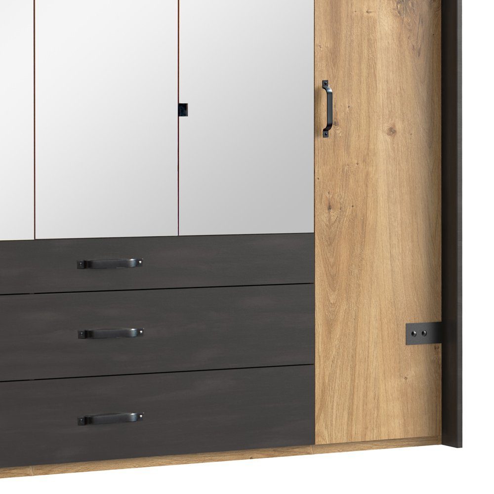 Plankeneiche Schubladen, mit Holzwerkstoff, aus viel Stauraum, Drehtürenschrank (Kleiderschrank, Modern 3-türig, Mehrzweckschrank) Stylefy Metall Spiegel, Sydney Design, mit