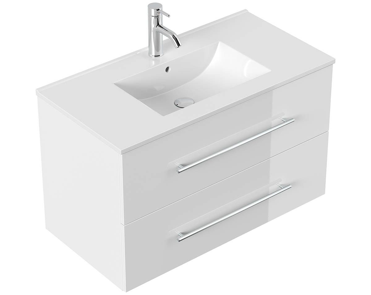 einfachgutemoebel Waschtisch-Set Waschplatz KUBOA 90cm, Keramikbecken, weiß hochglanz, (Badmöbel Set, 1-St., Waschtisch Set)