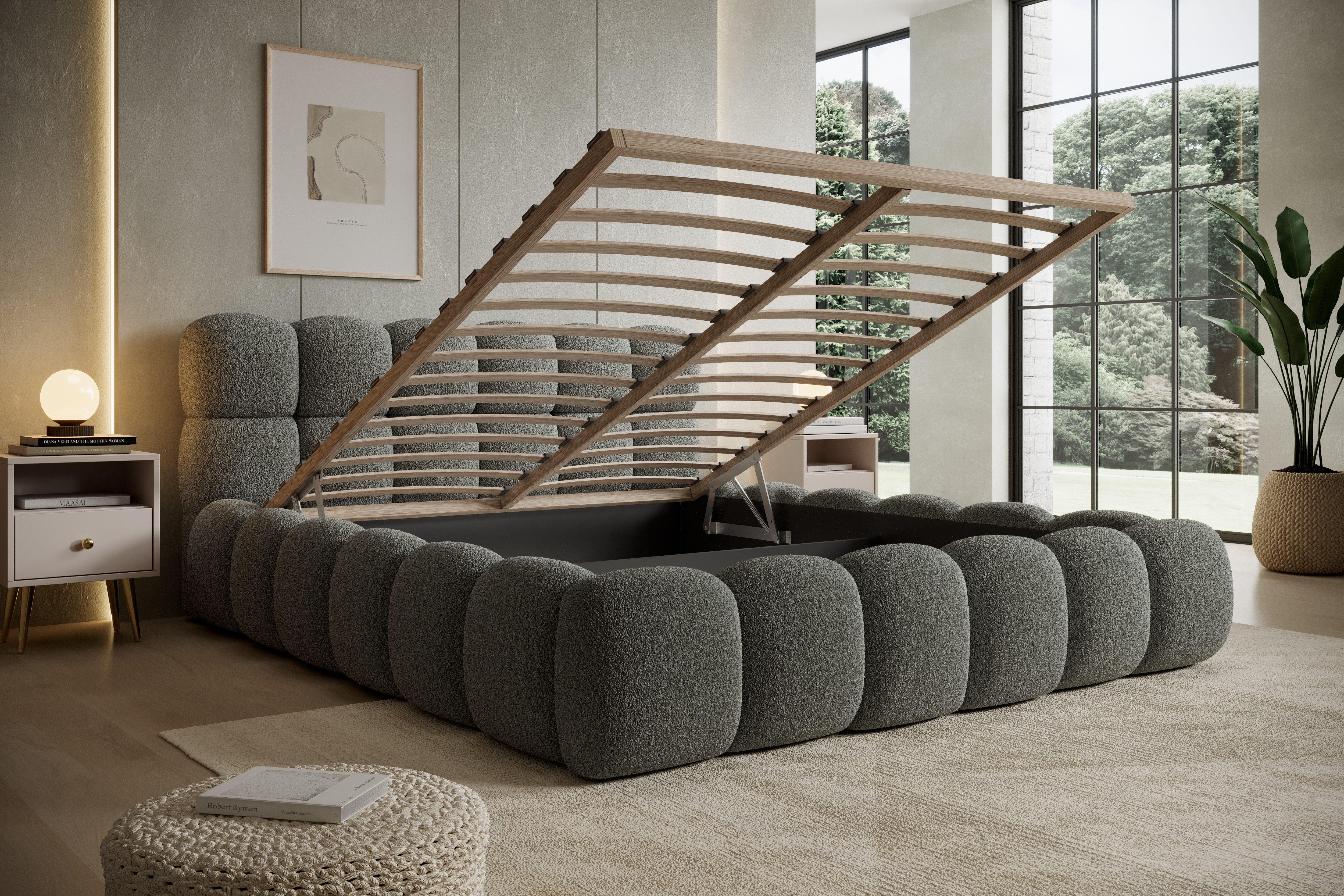 thematys Polsterbett mit Bettkasten 140x200–200x200 cm – Velours oder Bouclé Bezug – (Polsterbett in den Varianten Bouclé (Fredo), Velours (Velutto) - Wolkenbett mit XXL Kopfteil), Wolkenbett mit XXL Kopfteil)
