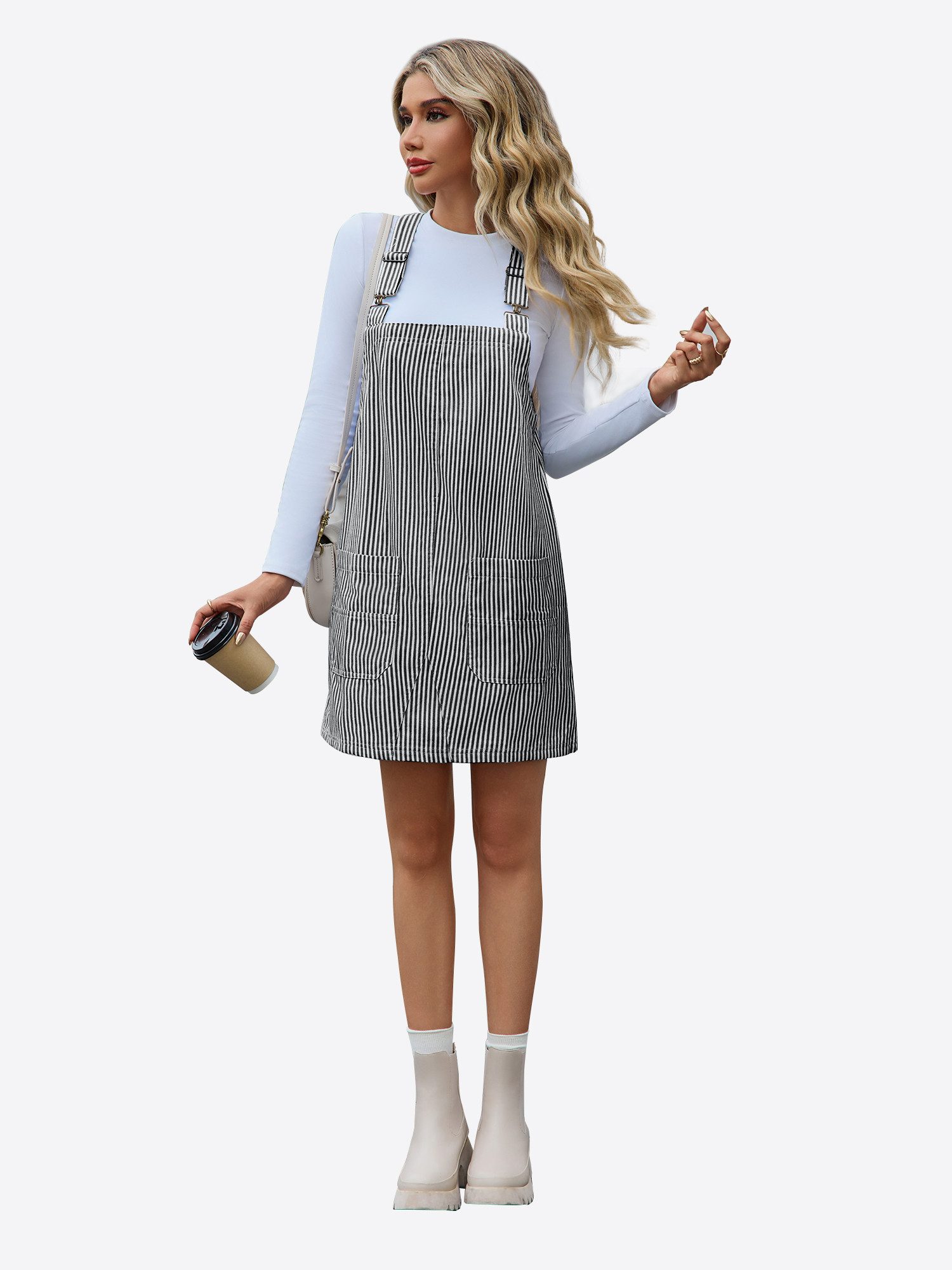 Imily Bela Jeanskleid Damen Gestreiftes Trägerkleid mit Verstellbaren Schultergurten (Packung, 1-tlg., 1per-Pack) Eingrifftaschen