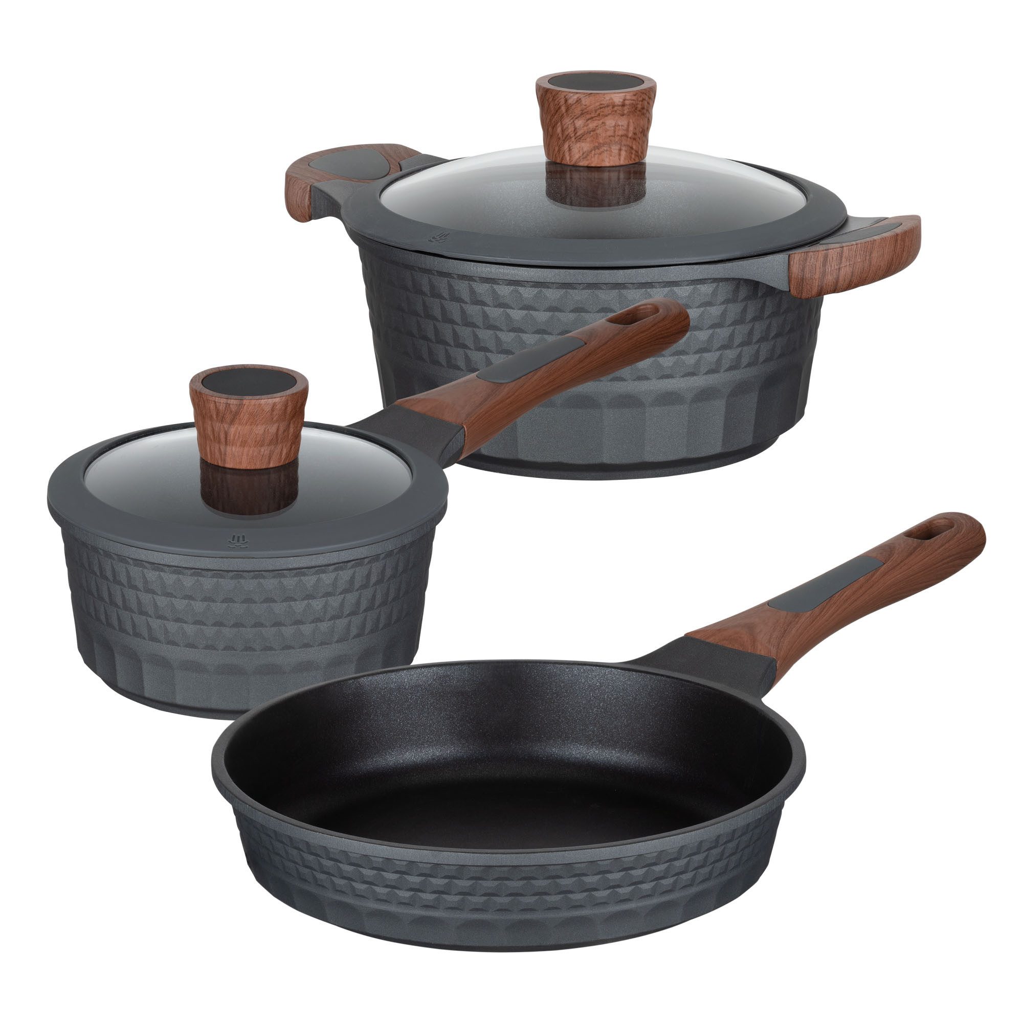RESTO Kitchenware Topf-Set CAPELLA - Einzigartiges Design mit 3D-Effekt, antihaftbeschichtet, Aluminiumguss (Set, 5-tlg., 1x Soßentopf Ø 16 cm, 1x Kochtopf Ø 20 cm, 1x Pfanne Ø 24 cm), für alle Herdarten geeignet, auch Induktion