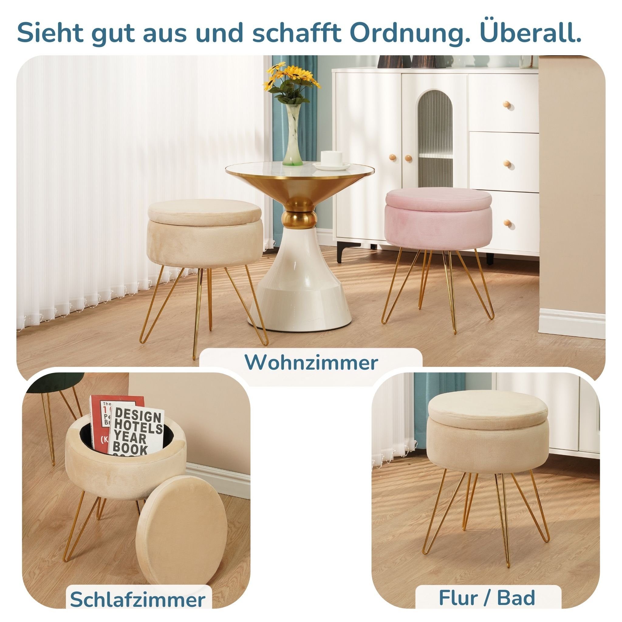 Albatros International Polsterhocker Albatros Hocker mit Stauraum Cannes Sitzhocker mit Stauraum, Modern (Beige, Samt), optimal als Fußhocker oder Hocker Schmin – Bild 4 von 5