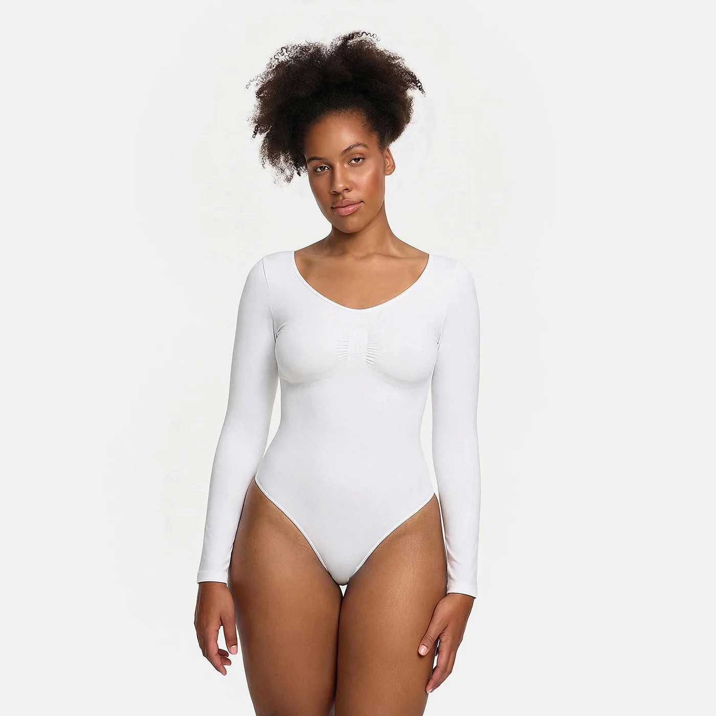cfab (creamy fabrics) Miederbody Bodysuit Sculpting Shapewear Longsleeve mit String-Weiß-5XL (1-tlg) Figurformend