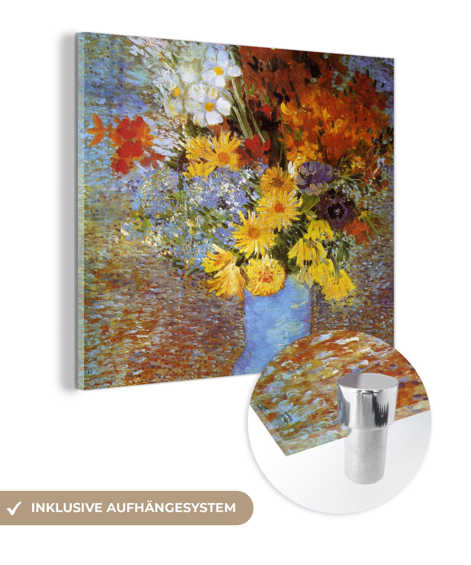 Gogh, Acrylglasbild - Gemälde - Wanddekoration auf mit auf und - Gänseblümchen Vase von Glas St), Vincent MuchoWow (1 Glasbilder Wandbild Glas - Foto Anemonen van Bilder