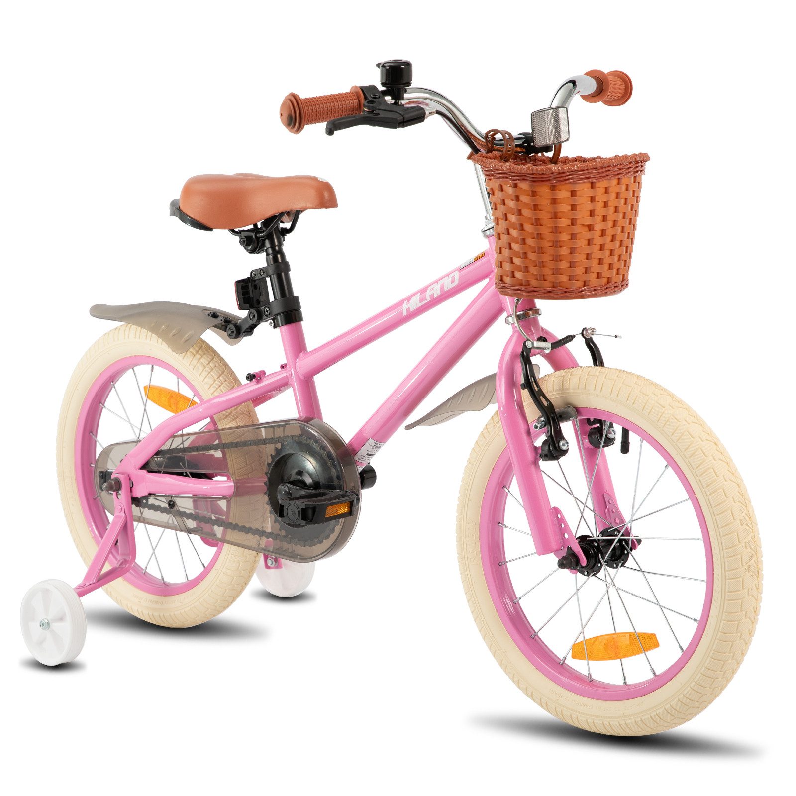 HILAND Kinderfahrrad HILAND Retro Kinderfahrrad Korb, Stützräder & Bremse 14/16/18 Zoll, mit Stützrädern, Handbremse und Rücktrittbremse, Korb