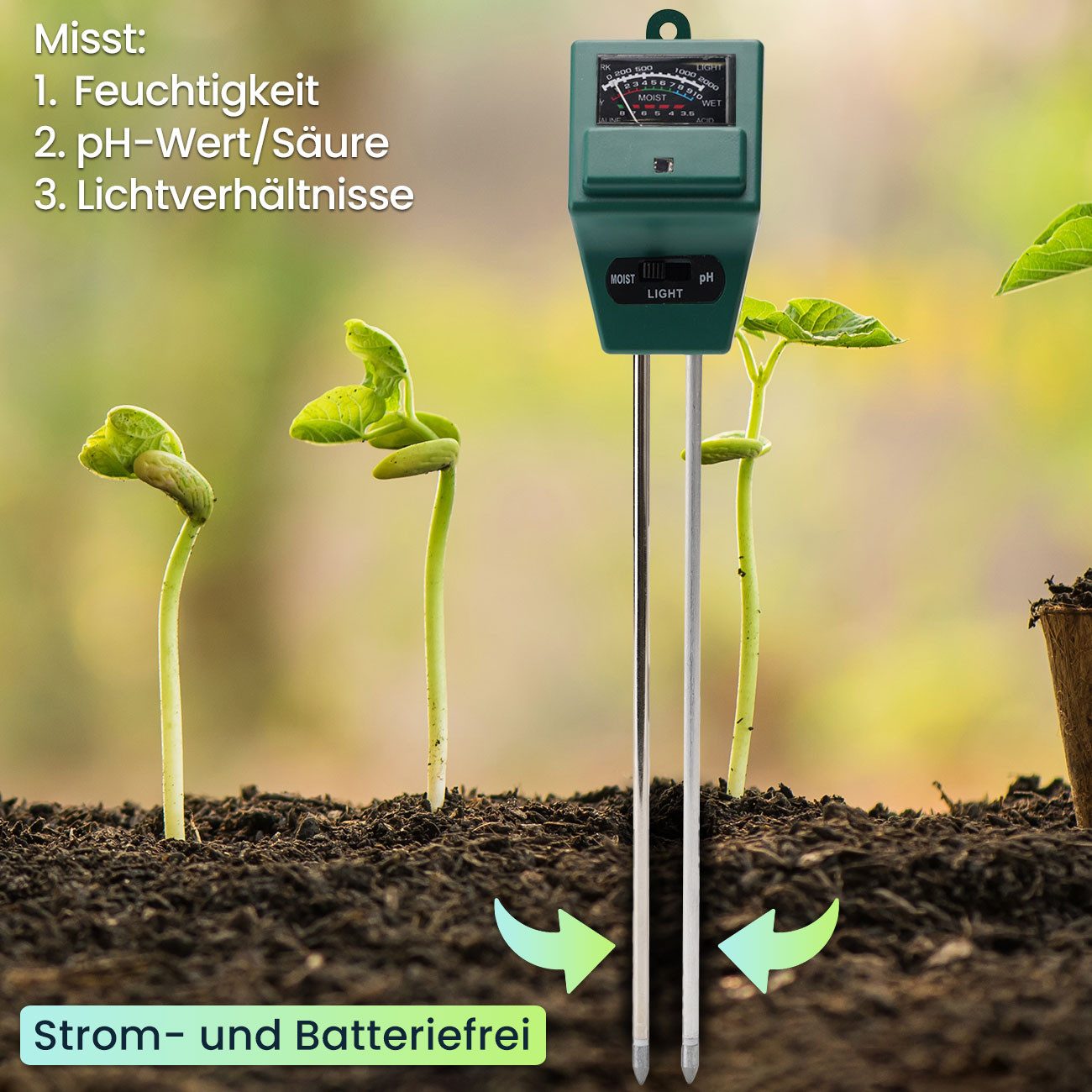 Casativo Feuchtigkeitsmesser 3in1 Bodentester Pflanzenerde-Messgerät für Feuchtigkeit pH-Wert Licht, (2-St., 1er-Set & 2er-Set & 4er-Set), 3-in-1 Bodentest stro – Bild 5 von 5