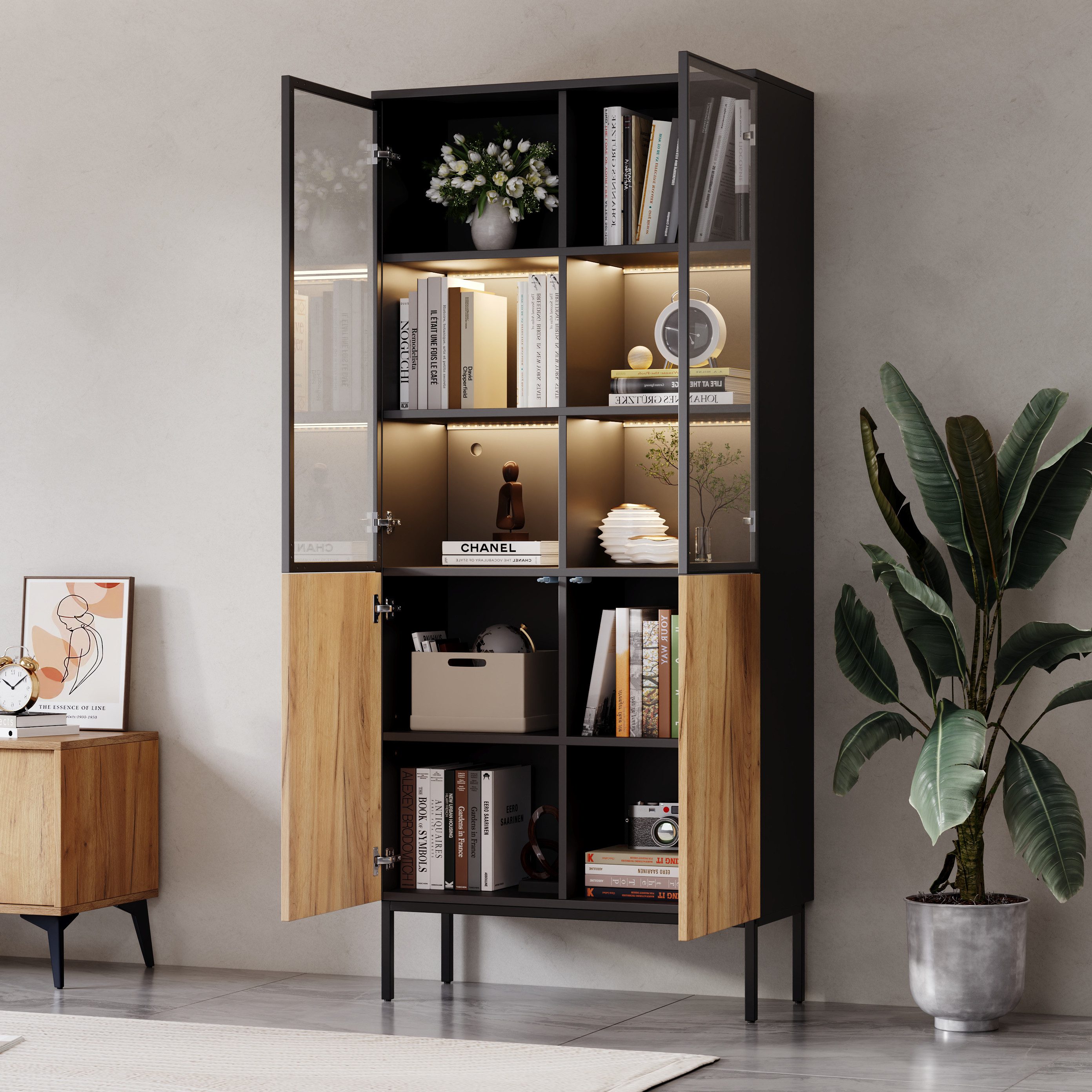 MODFU Vitrine LED-Vitrine, Pop-Up-Glastüren (Hochschrank, Standvitrine, Hig günstig online kaufen