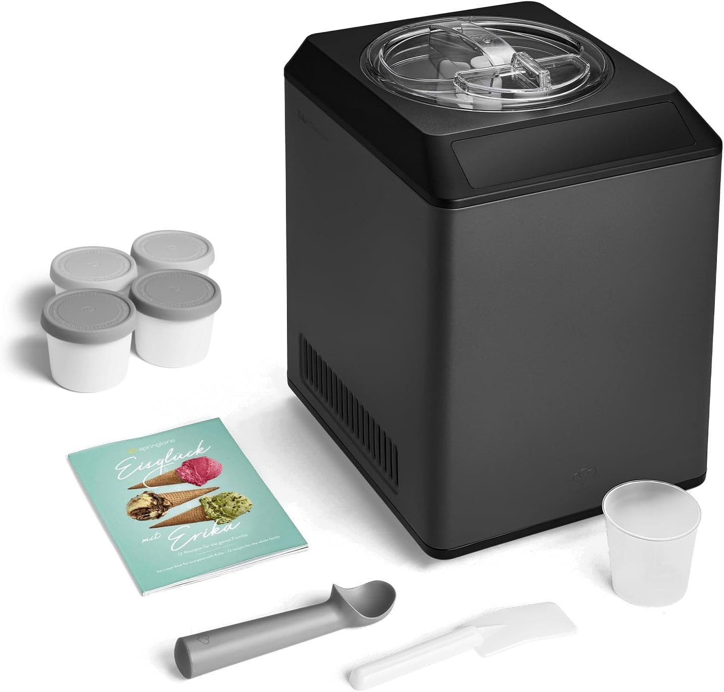 Springlane Eismaschine - Selbstkühlend mit Kompressor, 2,5L Eiscreme & Joghurt Maker -, 2,50 l, 250,00 W, 4 Eisbehälter mit 400ml - Grau