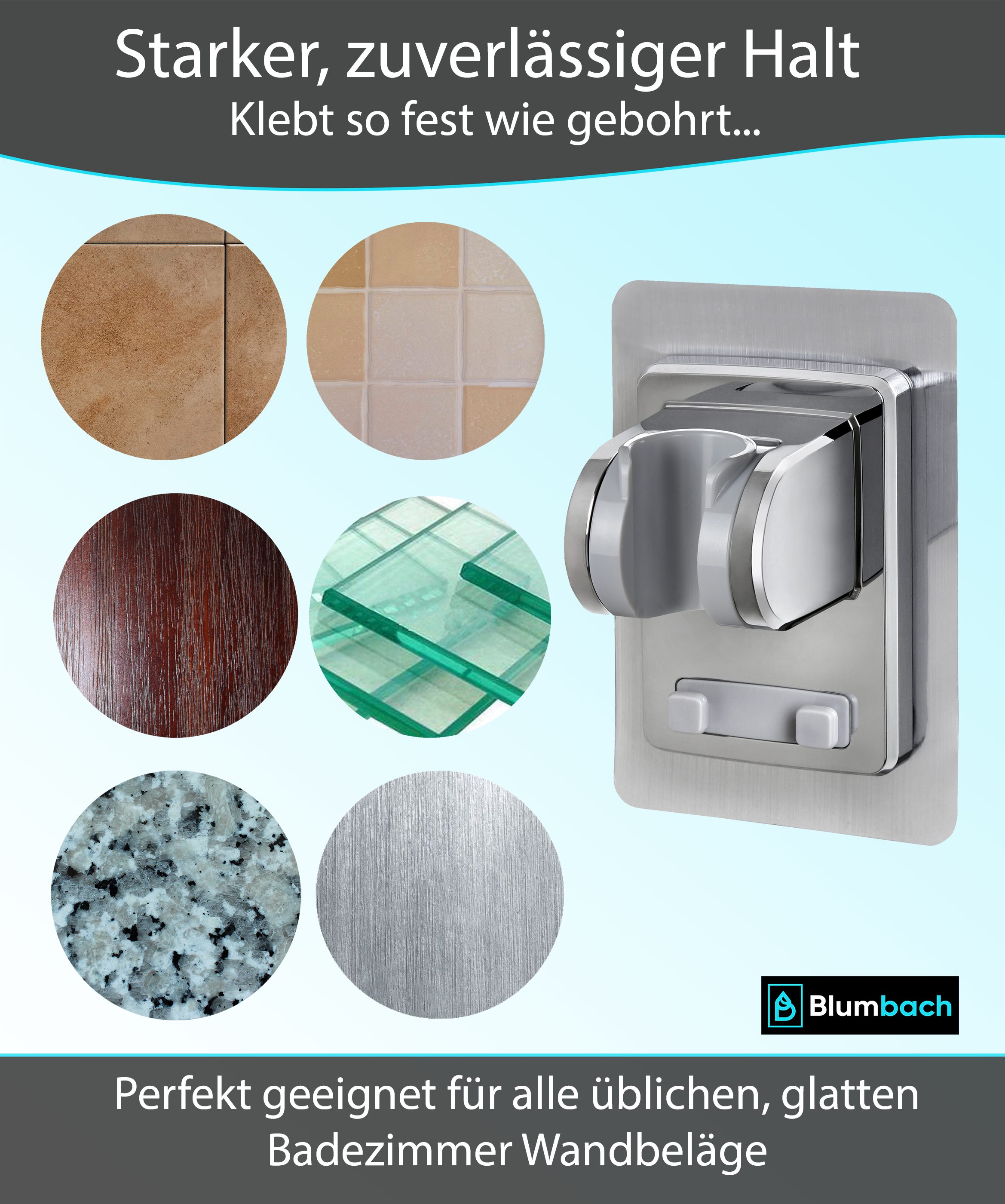 Blumbach Brausehalter - Sticky Duschkopfhalterung ohne Bohren, DAS ORIGINAL - Duschkopf Halterung mit extra starkem Klebepad
