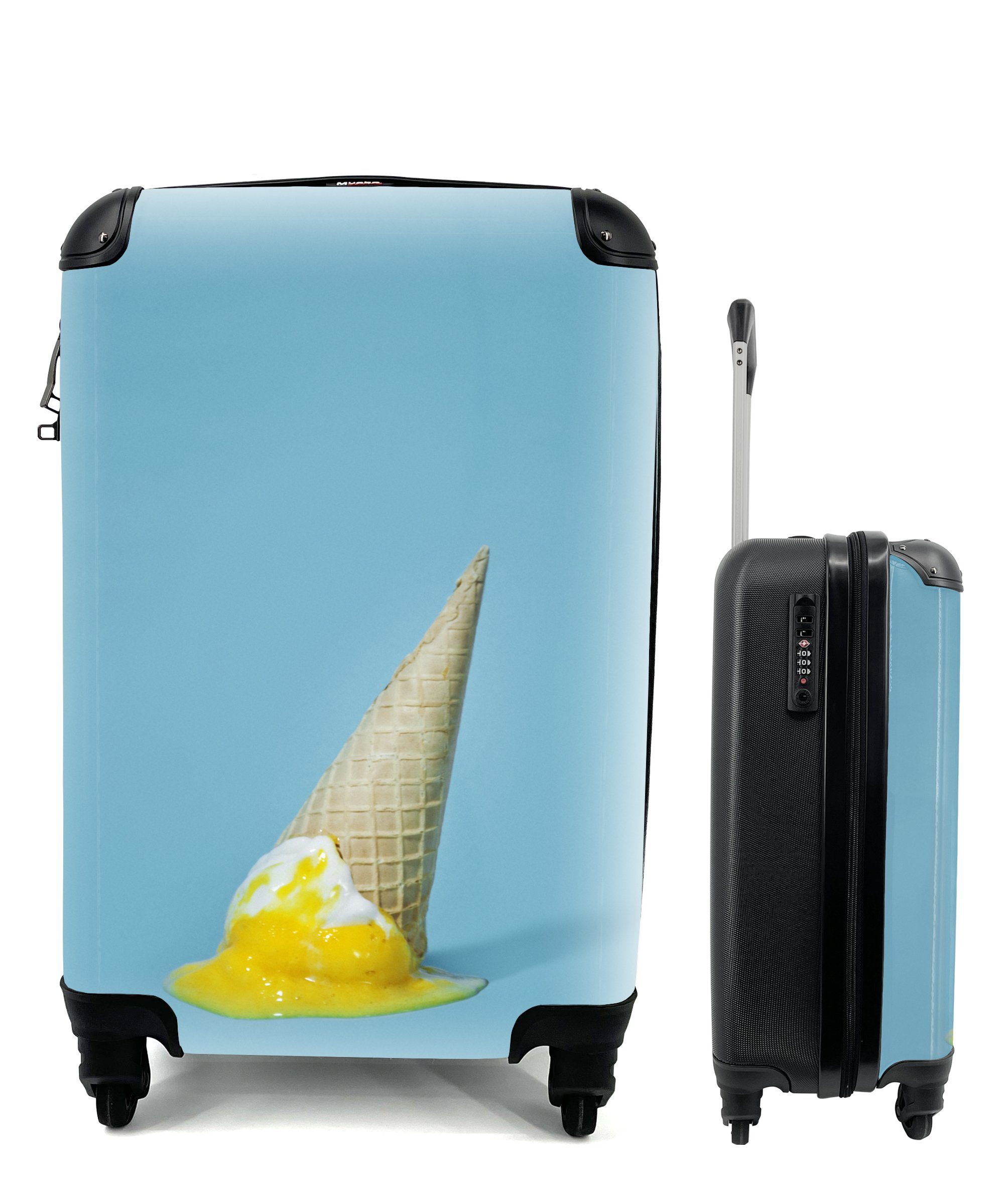 MuchoWow Handgepäckkoffer Geschmolzenes Eis mit blauem Hintergrund, 4 Rollen, Reisetasche mit rollen, Handgepäck für Ferien, Trolley, Reisekoffer