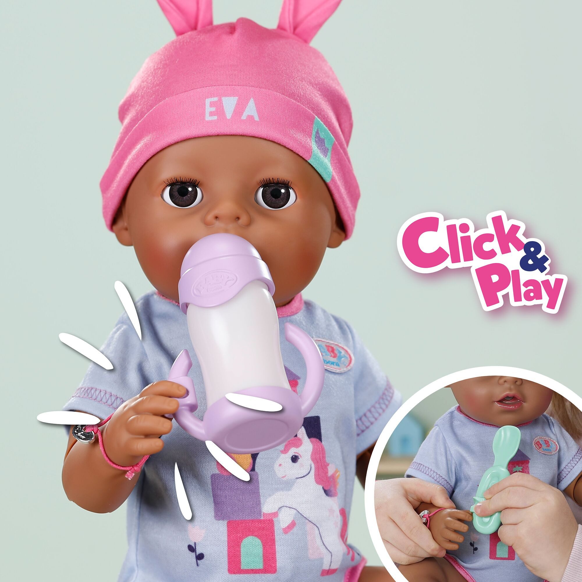 Baby Born Babypuppe Eva Click & Play 43 cm, mit Click-&-Play: Hält Fläschchen und Löffel selbst - ohne Batterien – Bild 4 von 5