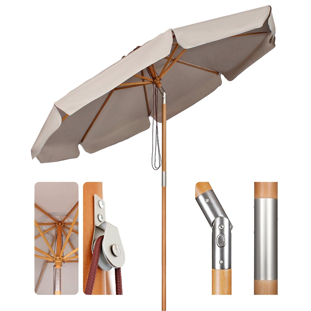 Sekey Sonnenschirm Ø 300 cm Sonnenschirm Holz Gartenschirm Knickbar
