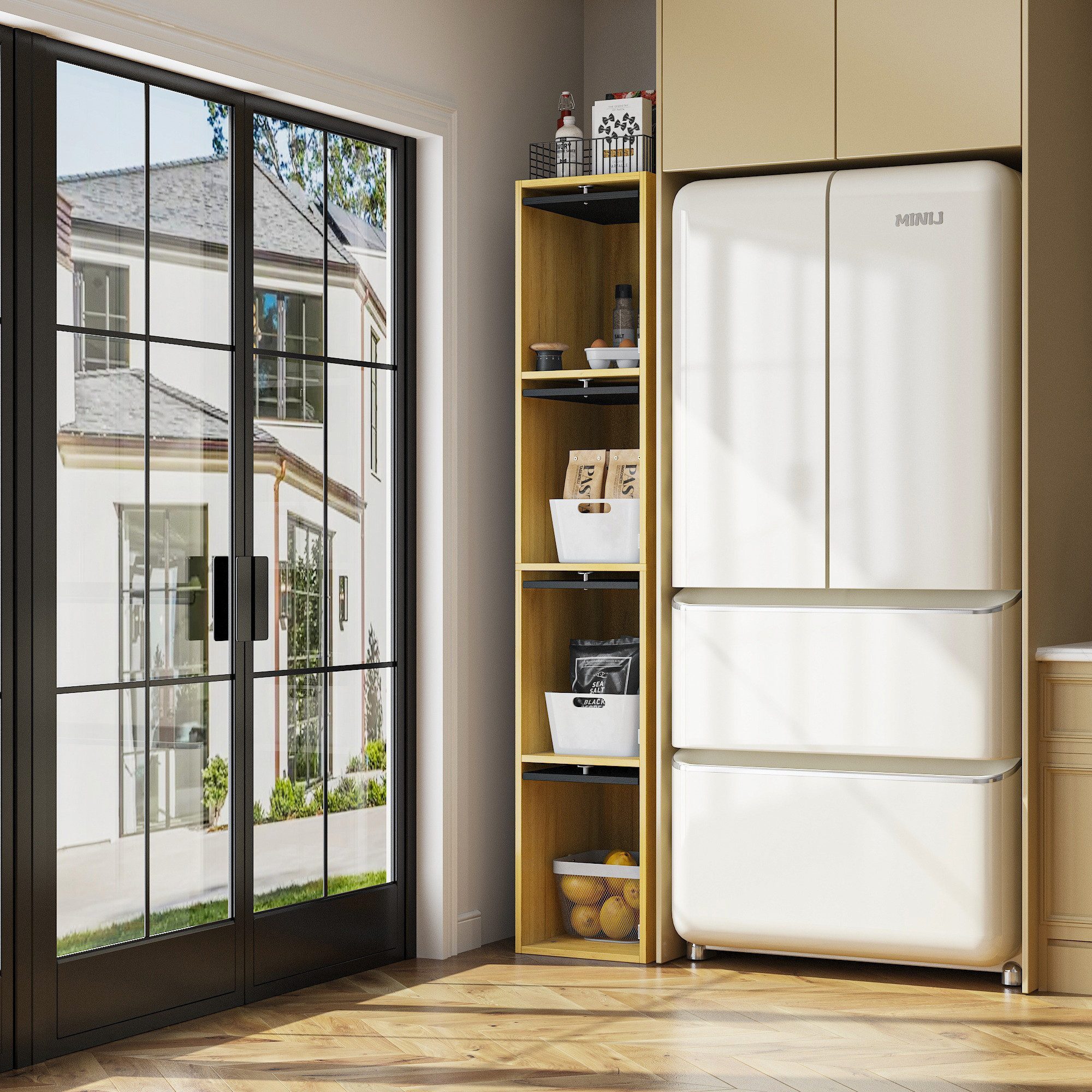 FUFU&GAGA Hochschrank für Büro, Modernes Design, 4 Fächer, Holzfarbe und Sc günstig online kaufen