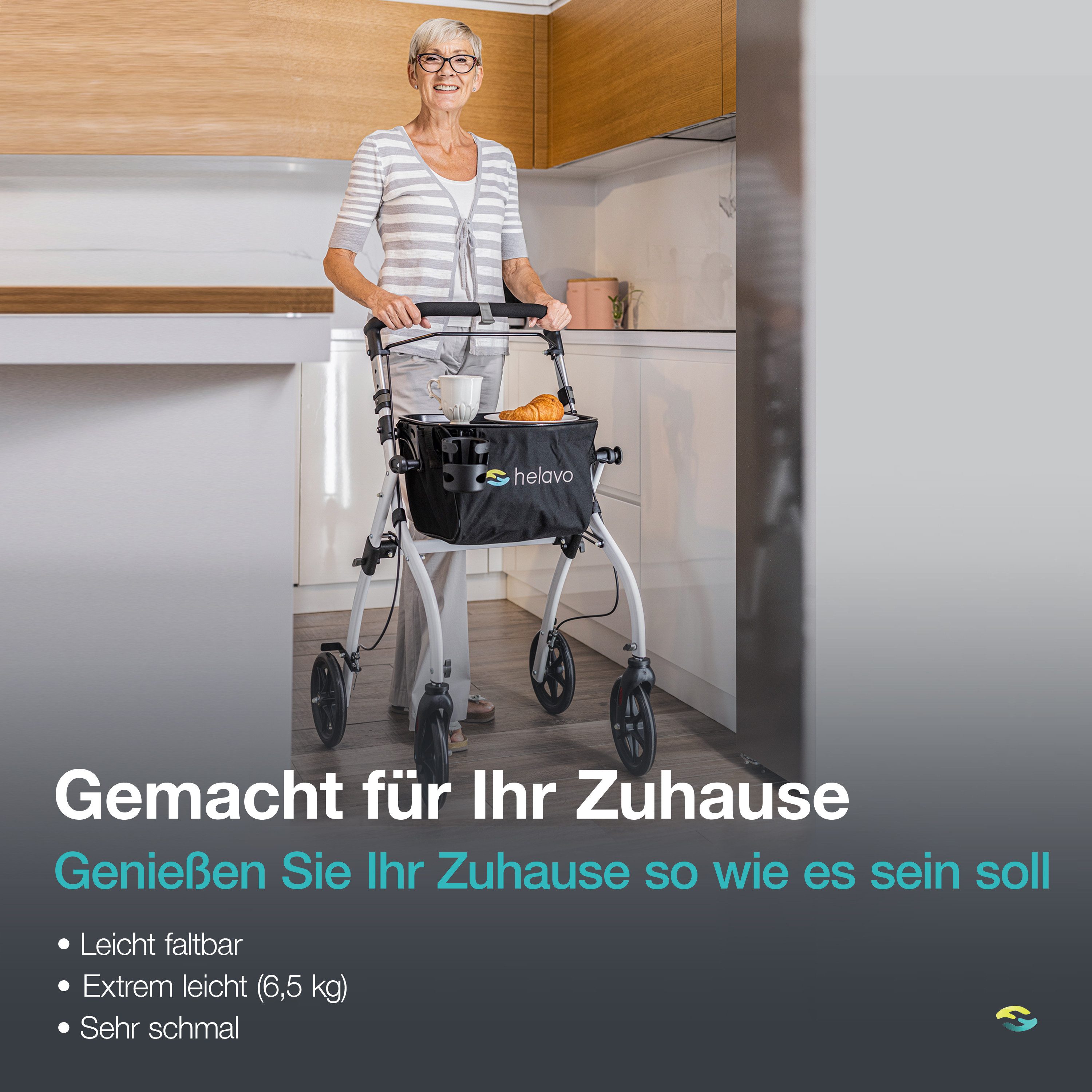 Helavo Indoor-Rollator H1030, Faltbarer Indoor Rollator mit Anti-Rutsch-Tablett, Korb & Becherhalter