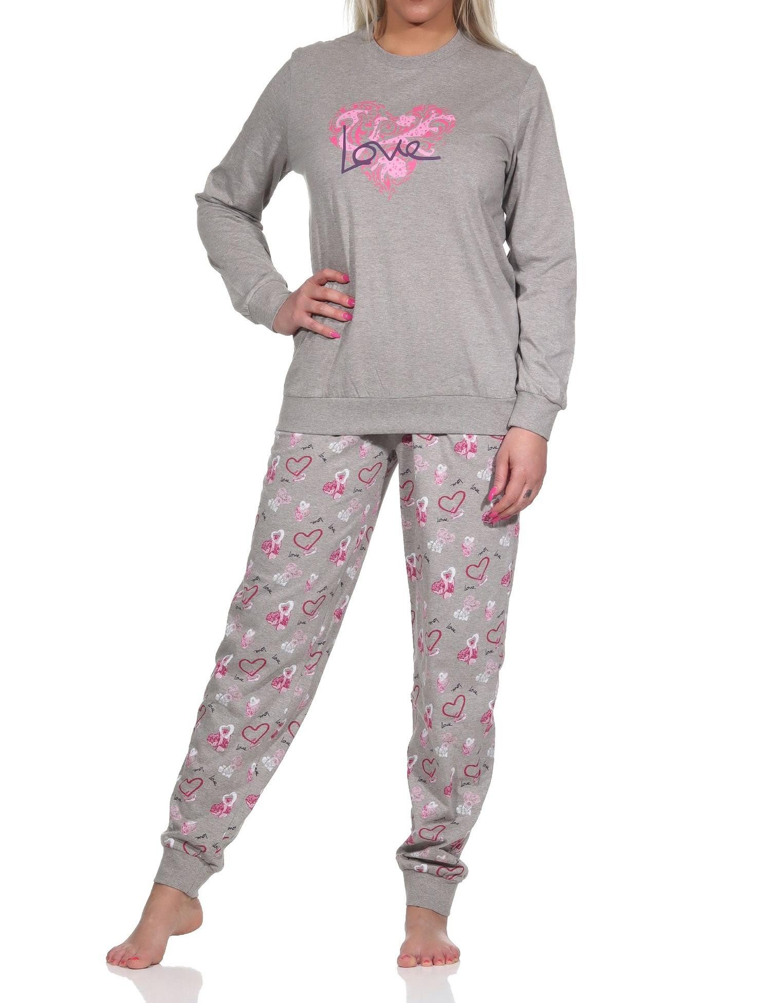 Pyjama Damen Schlafanzug mit Bündchen in Herz Motiv Optik-auch in Übergrößen
