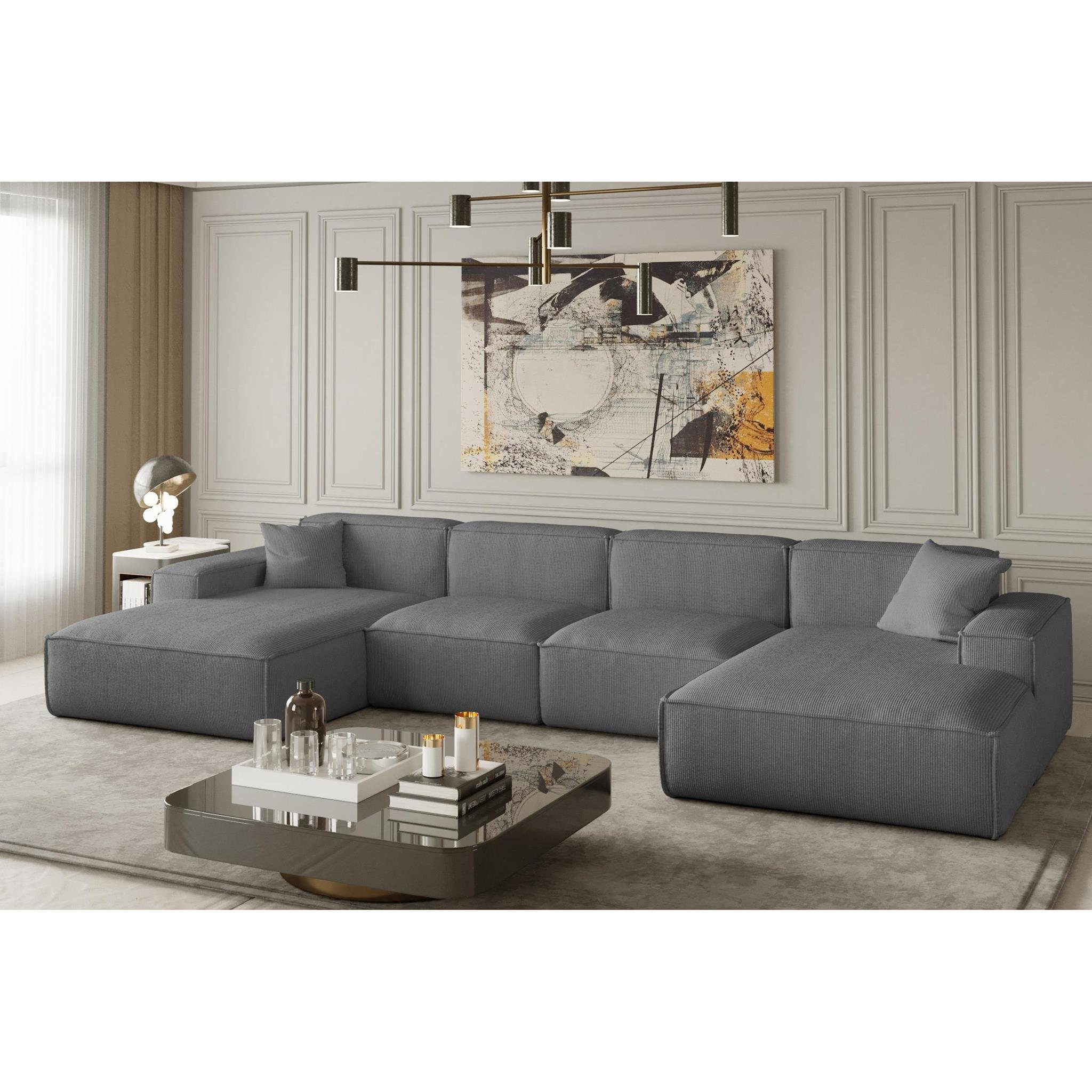 Beautysofa Ecksofa Lugano U large, 379 cm Ecke im modernes Stil, Velour oder Cord-Bezug, mit Wellenunterfederung, mit breite Armlehnen