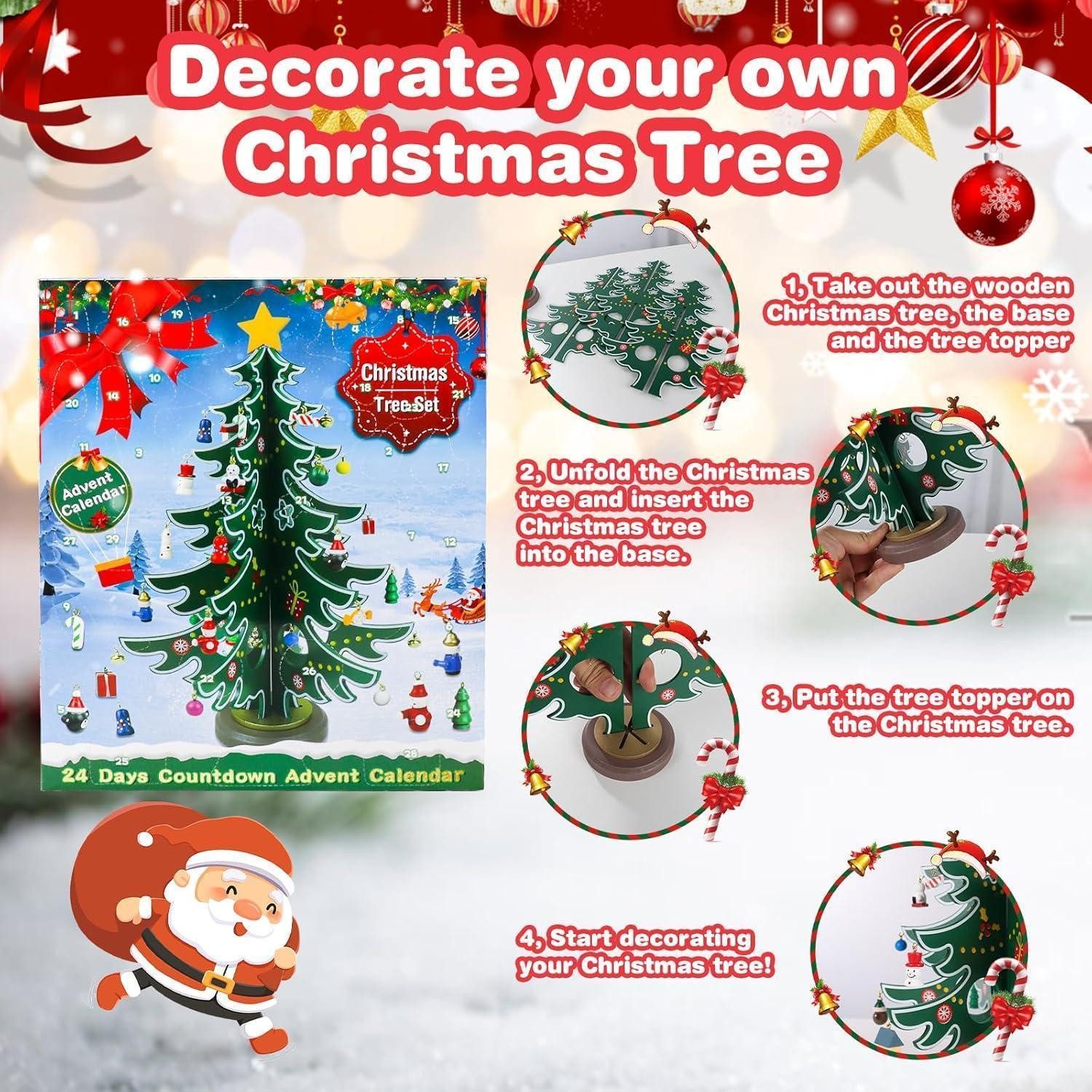 LuxusKollektion Adventskalender Adventskalender 2024 Holz Weihnachtsbaum 29 Ornamente 24 Tage