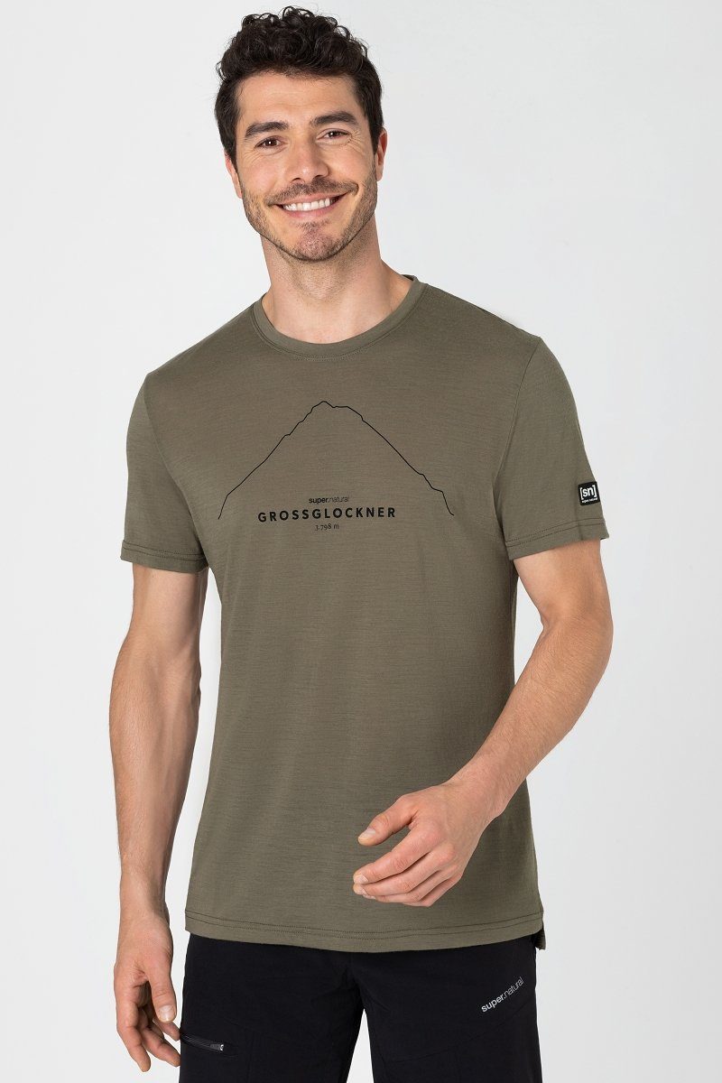 Print-Shirt wärmender Merino-Materialmix Stone M SUPER.NATURAL GROSSGLOCKNER Merino Black TEE Grey/Jet T-Shirt