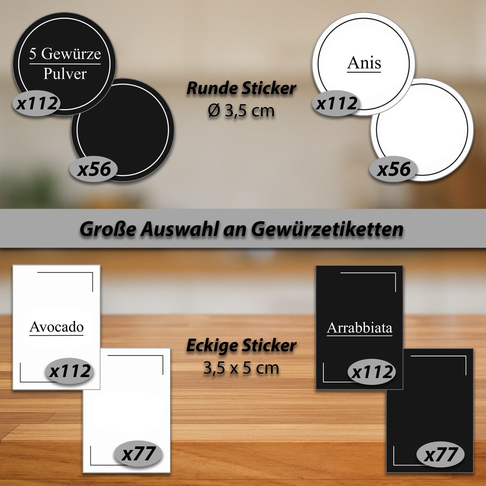 VonBueren Etiketten 714 x Gewürzetiketten selbstklebend 30 x Bögen Gewürzaufkleber, vorgedruckte und blanke Aufkleber rund und rechteckig