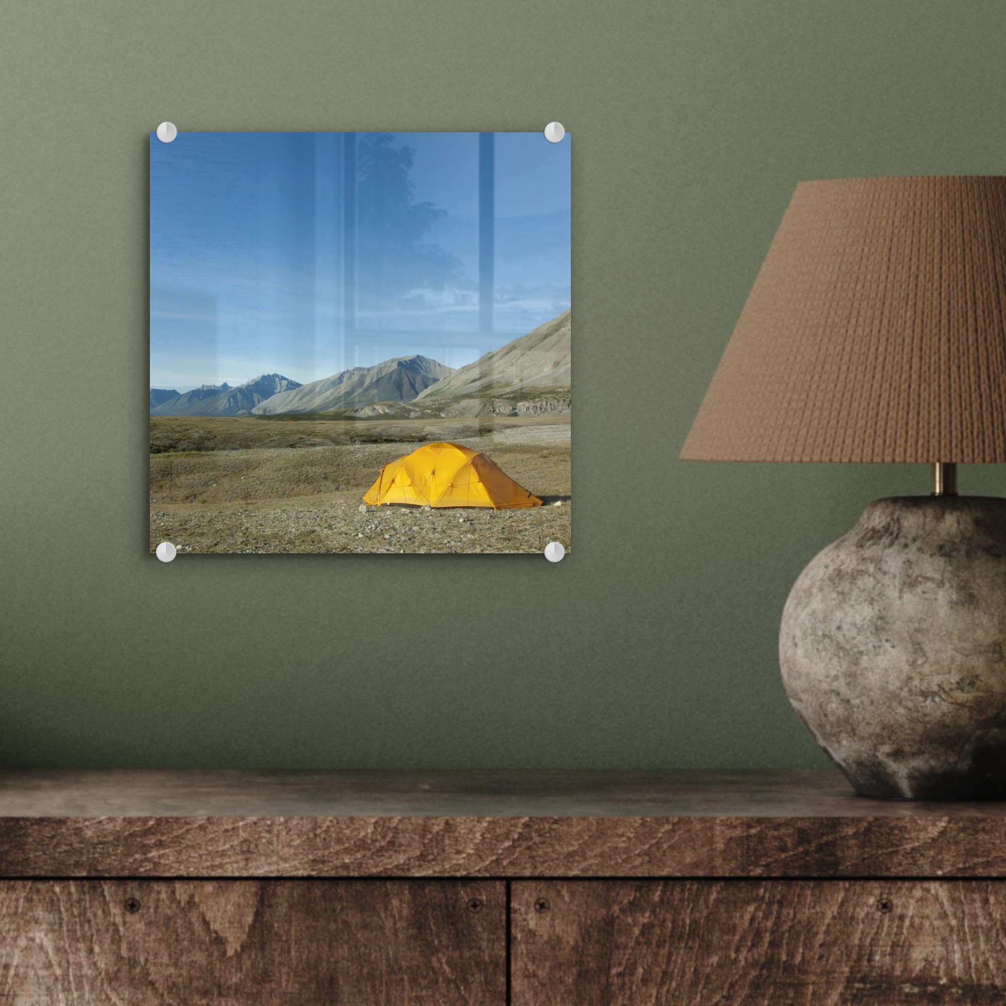 MuchoWow Acrylglasbild auf St), auf Glas Tundra, - der Wandbild Foto Gelbes Glasbilder in - Glas - Wanddekoration Bilder Zelt (1