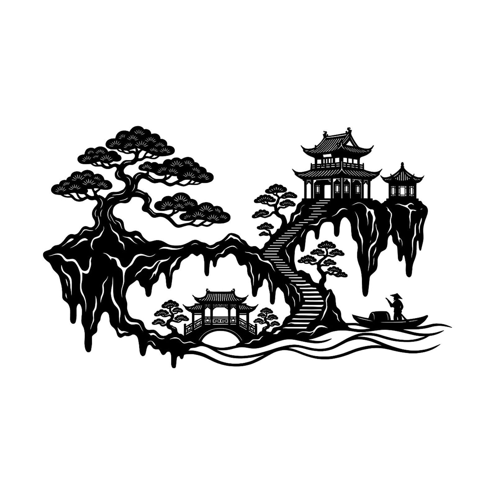 Jumpeak Wanddekoobjekt Metall Wanddeko, chinesische Landschaft, Pagode, Zen Deko, Linienkunst, Metall, 4 Farben, 4 Größen, Wanddekoration für das Wohnzimmer,Romantik