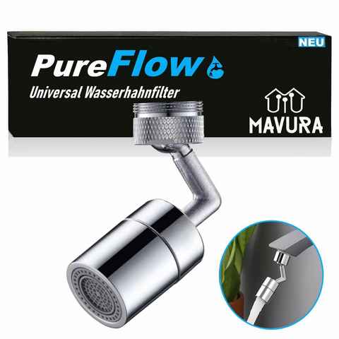 MAVURA Wasserhahnfilter PureFlow Universal Wasserhahn Spritzfilter drehbarer Schwenkbrause, Zubehör für Düsenspritze Luftsprudler Aufsatz, Filter Wasserhahnaufsatz schwenkbar 720° Brause