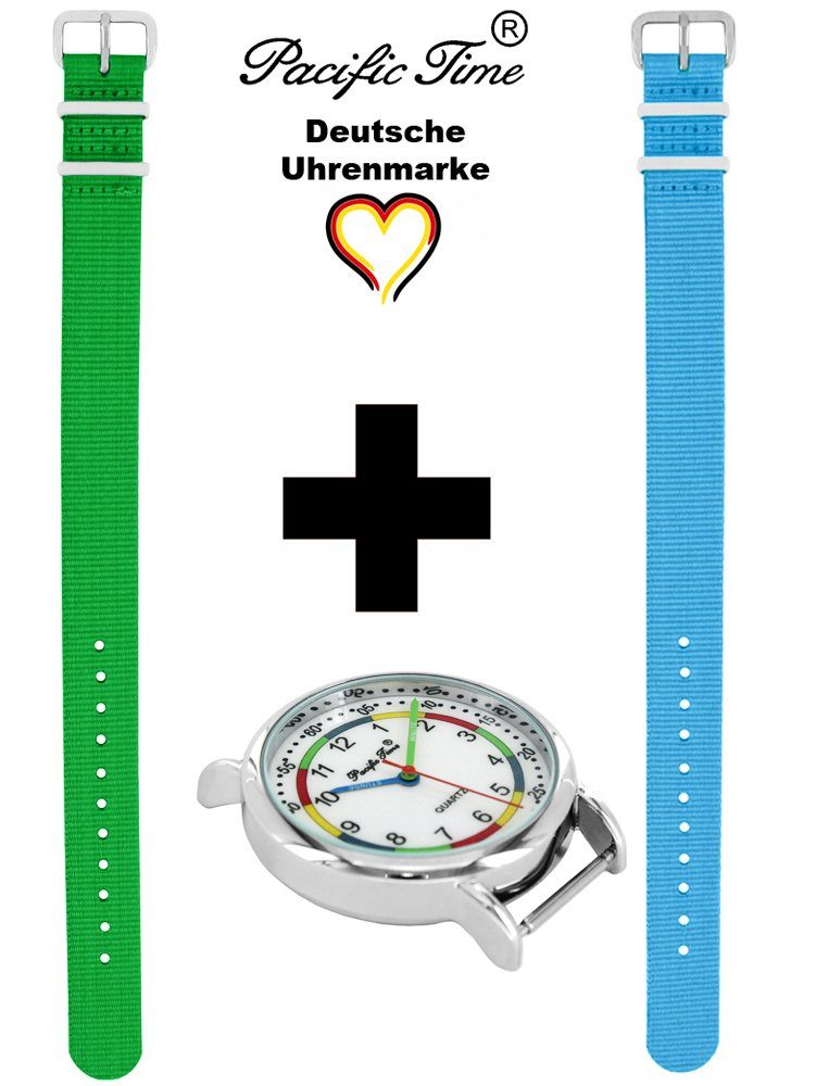 Gratis Armbanduhr grün und Lernuhr und Pacific Time Mix Kinder - Wechselarmband, Set Versand hellblau Design Match First Quarzuhr