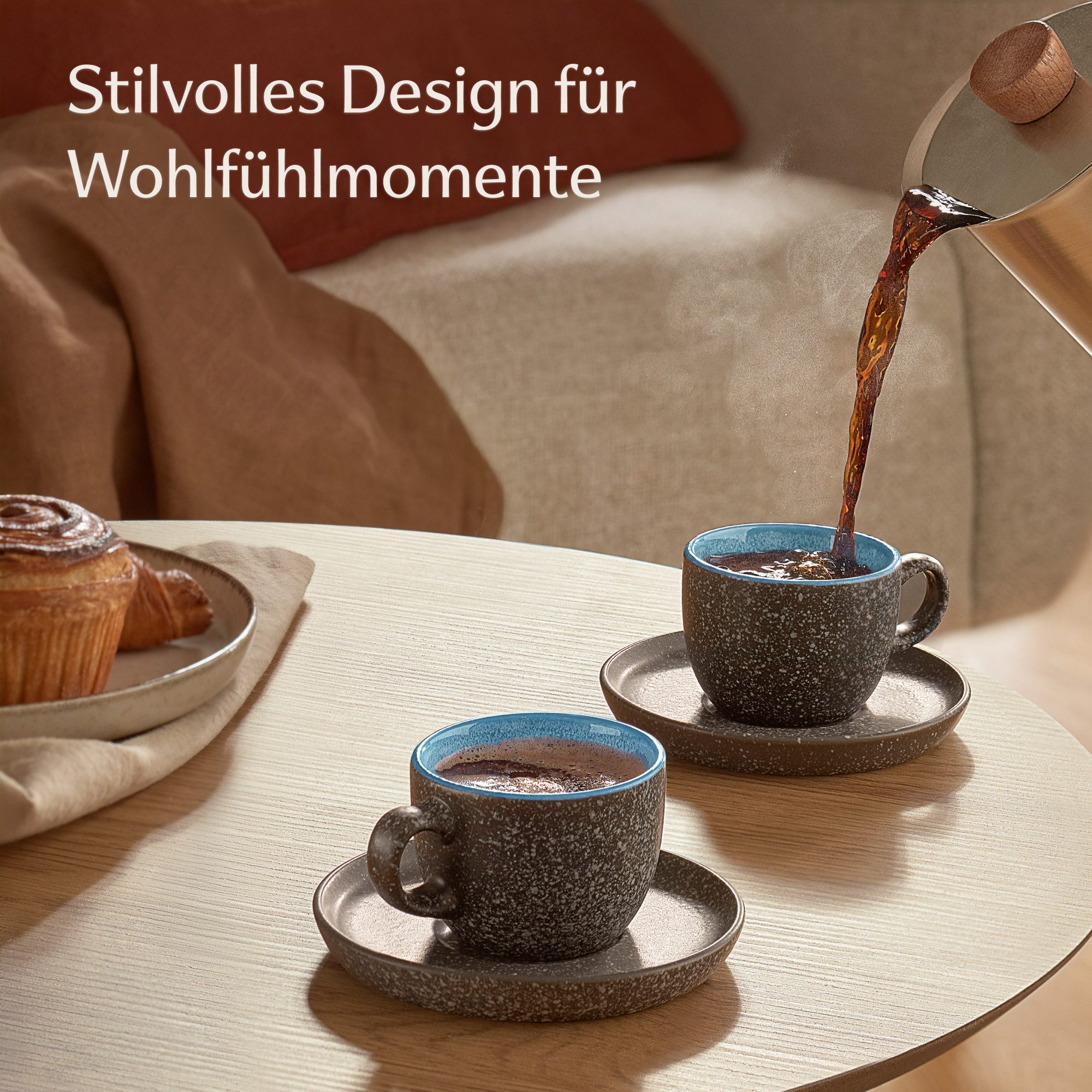Cosumy Cappuccinotasse Espressotassen mit Untertassen 4er Set - 90 ml Keramik Blau, 8-tlg., Keramik, Warm