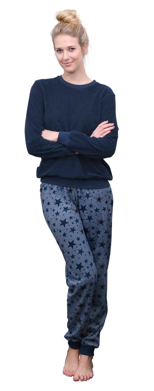 Normann Pyjama Damen Frottee Schlafanzug mit Bündchen und Sterne als Motiv marine