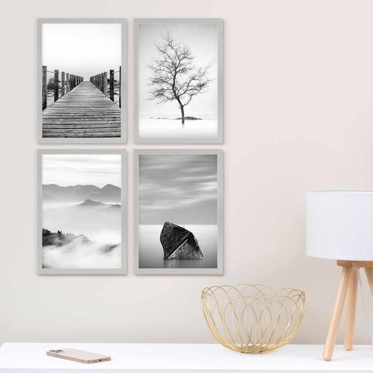 PHOTOLINI Bilderrahmen 4er Set 21x30 cm / DIN A4 Modern Schmal mit Acrylglas Silber