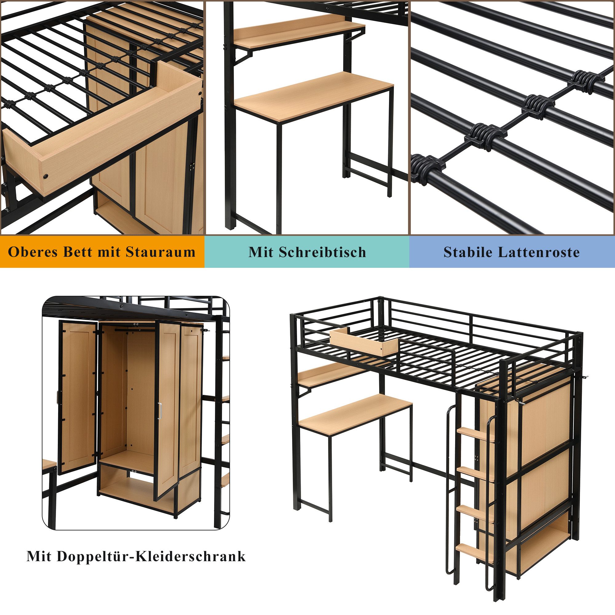 Odikalo Loft Bed 90x200 Metal Bed with Desk & Wardrobe (Iron Bed, Youth Bed, Children's Bed, With Double Door Wardrobe, Stairs with Handrails, With Desk and Storage Shelf, Upper Bed with Shelves, Iron + MDF, Black+Natural, 90x200cm)